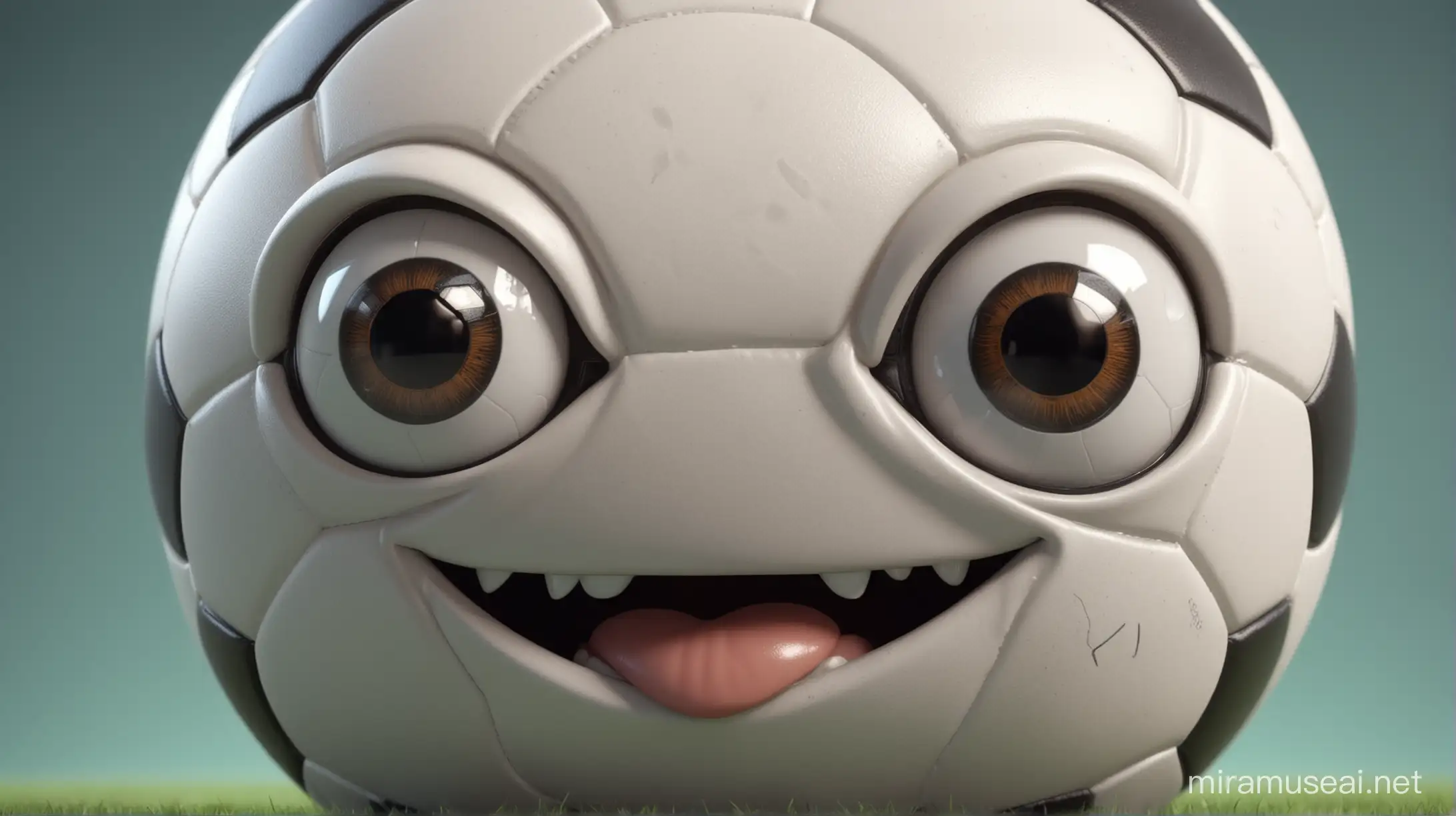 A close up professional photo of a cartooned SOCCER BALL , with 2 eyes and mouth, no nose, laughing a lot ,very happy, 4k.