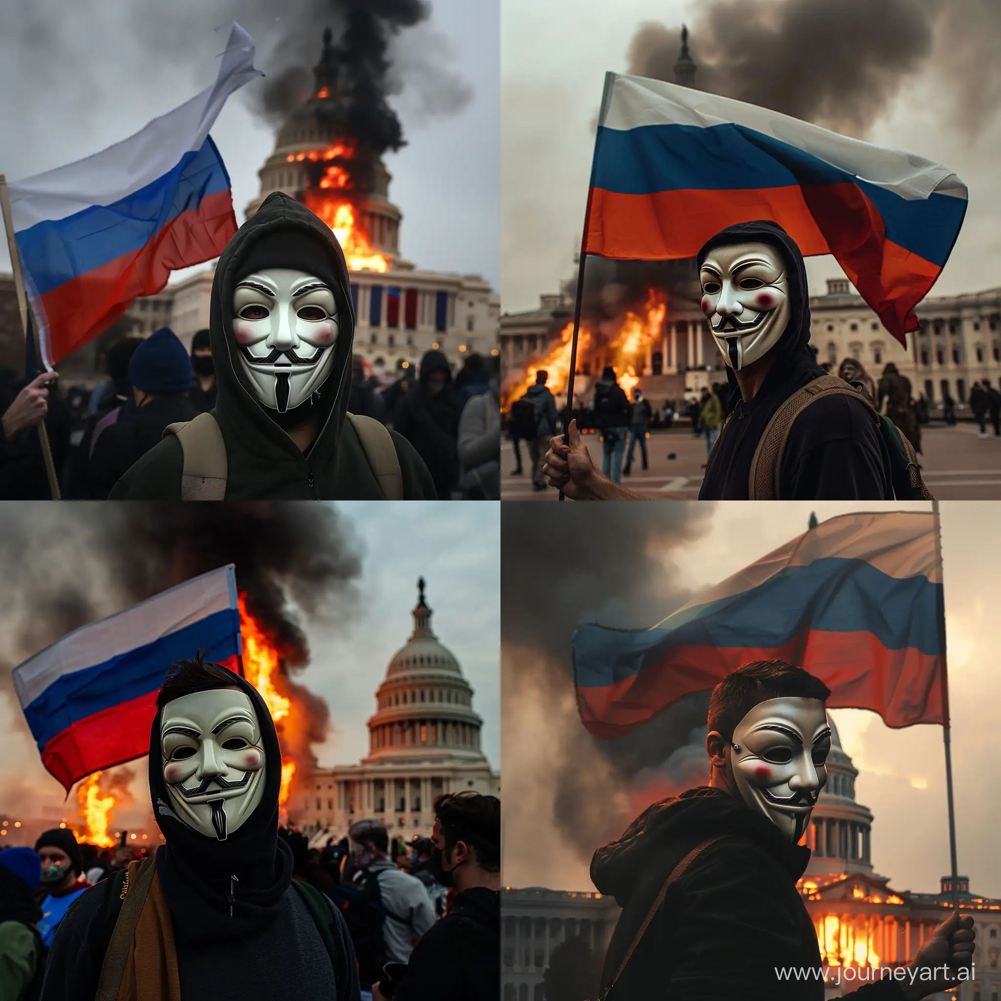 A man in an anonymous mask with a Russian flag on the background of the burning capitol in Washington