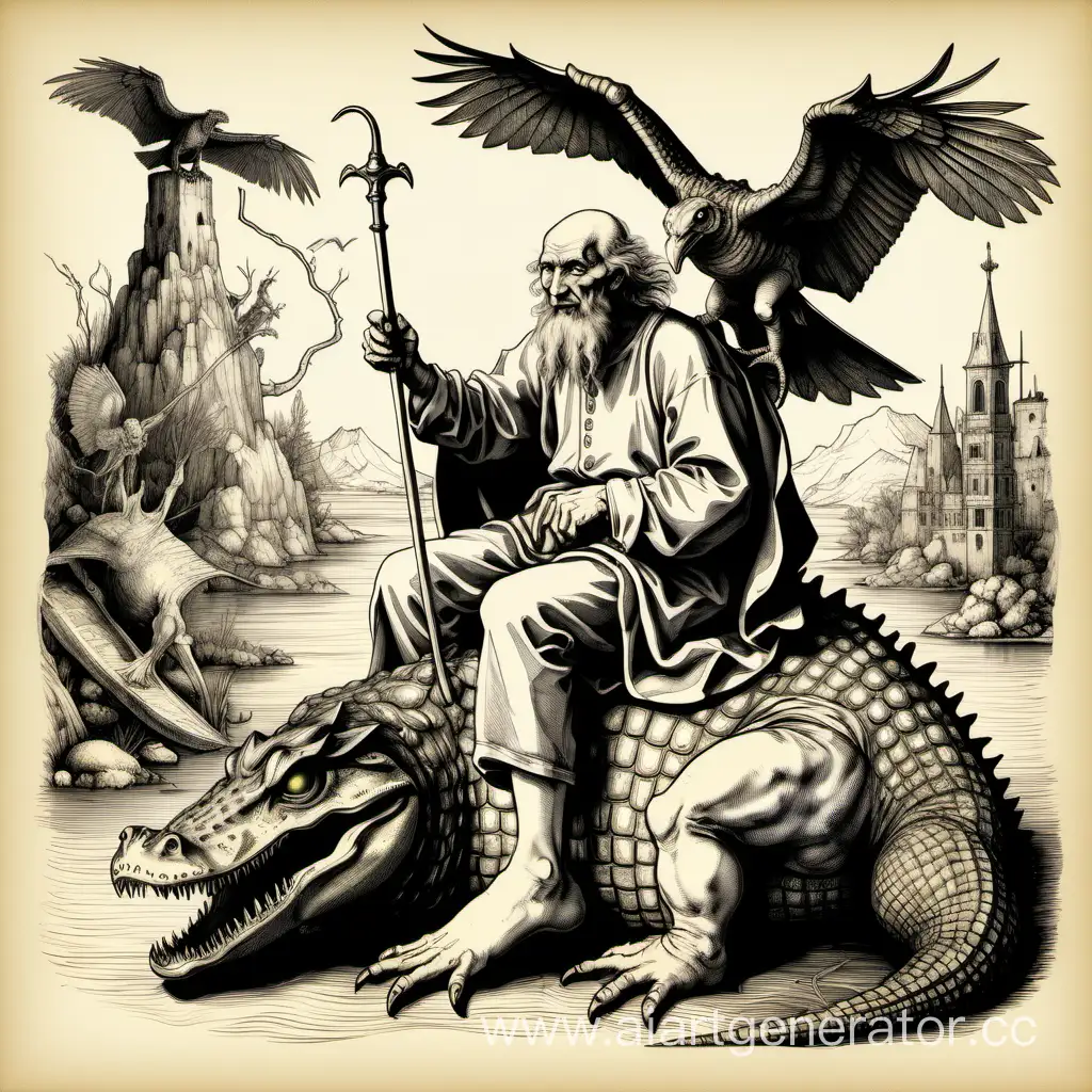 создай иллюстрацию в стиле альбрехта дюрера - демона агареса в образее старца восседающего верхов на крокодиле а на запястье ястреб