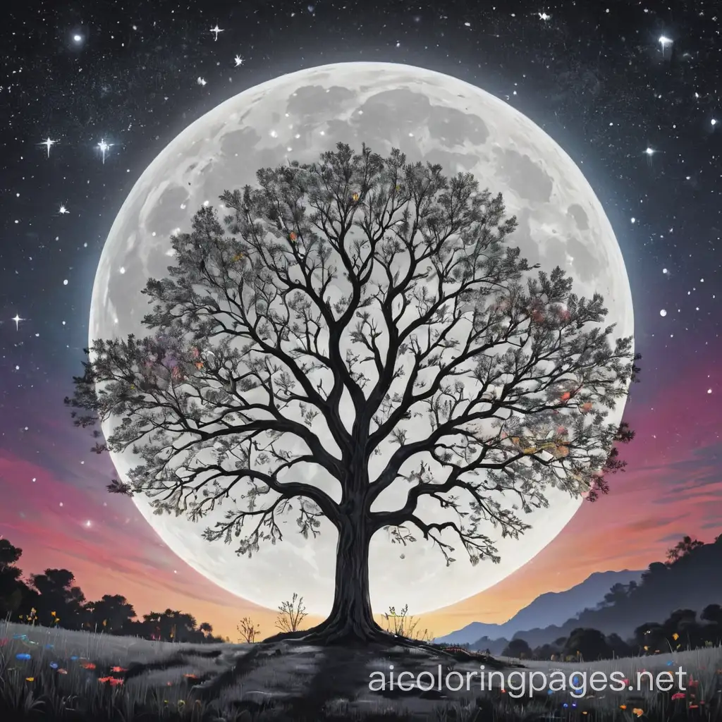 stary moonlight sky with a tree
with lots of colors, Coloring Page, black and white, line art, white background, Simplicity, Ample White Space. The background of the coloring page is plain white to make it easy for young children to color within the lines. The outlines of all the subjects are easy to distinguish, making it simple for kids to color without too much difficulty