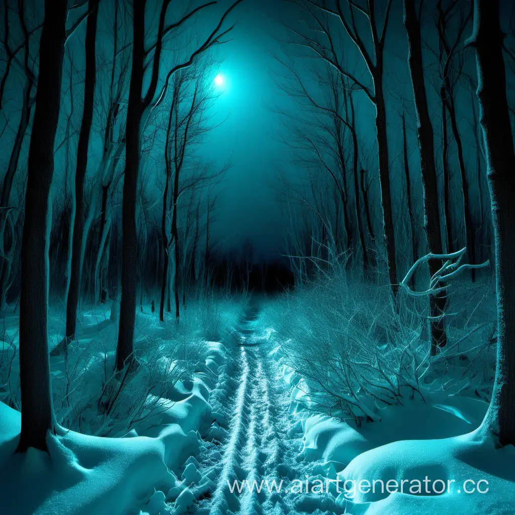 Зимний лес, ночью, лунный свет прорывается сквозь деревья, темные деревья, деревья без листвы, бирюзовое освещение, сугробы снега, тропинка по середине