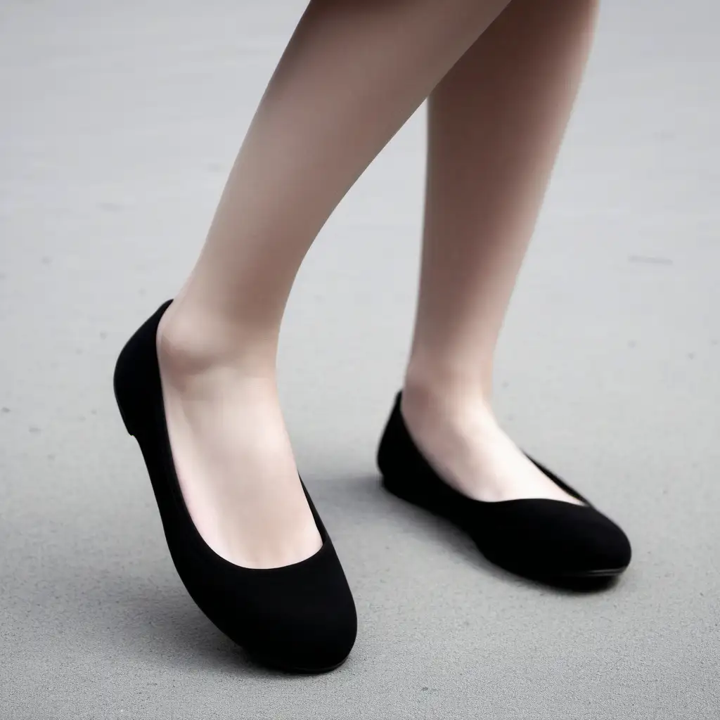 A girl wearing round curved black flats