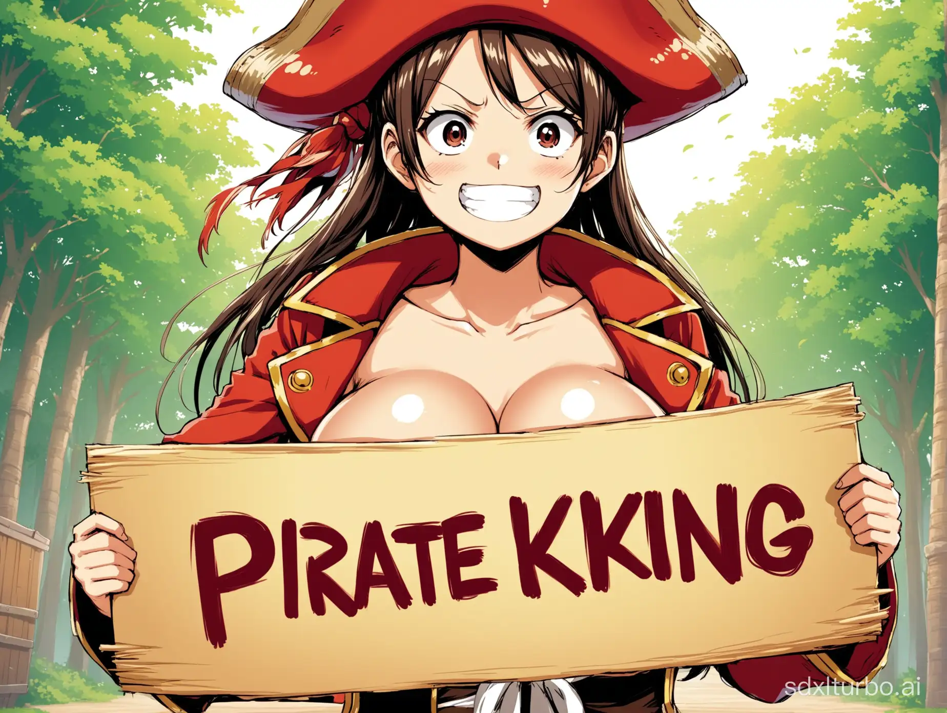 1girl, Pirate King Luffy, with big breasts, holding a sign in her hand that said I Love huotuzi,