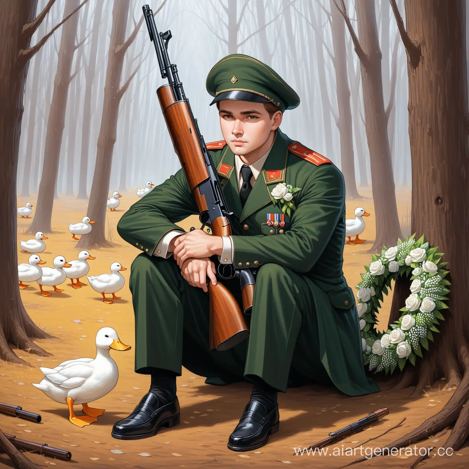 Главный герой пьесы "Утиная охота" Александра Вампилова, он сидит в обнимку с ружьем и похоронным венком