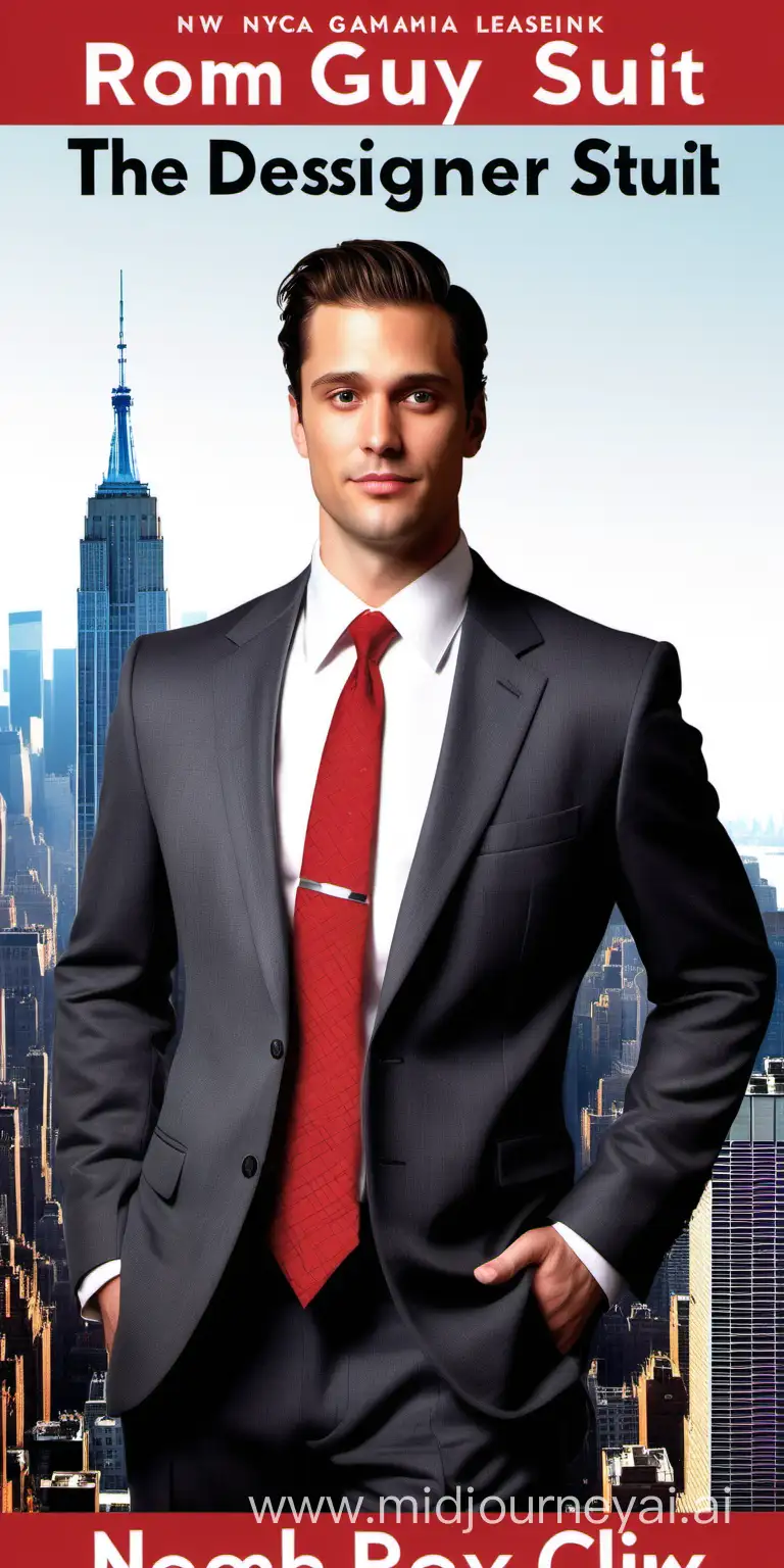 A book cover with an illustrated figure of a man in a designer suit and a crimson tie, pictured from his hips to his dimpled stubbled masculine chin, like the "THAT GUY" book cover, on the background of the NYC skyline, illustrated as in a rom-com genre book cover