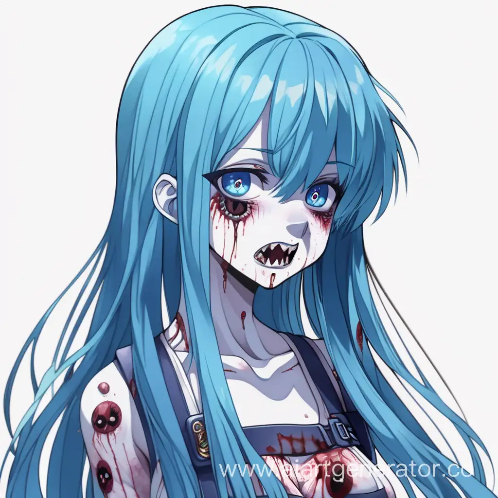 Синеволосая девушка зомби , длинные волосы , аниме стиль