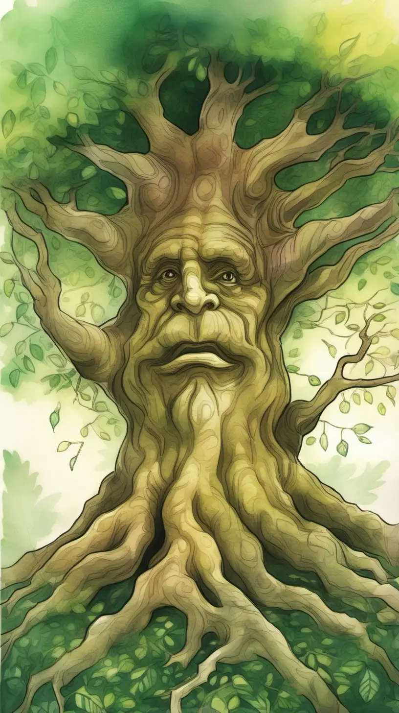 Enchanting Wisdom Majestic Talking Tree with Glowing Fruits in Watercolor Style