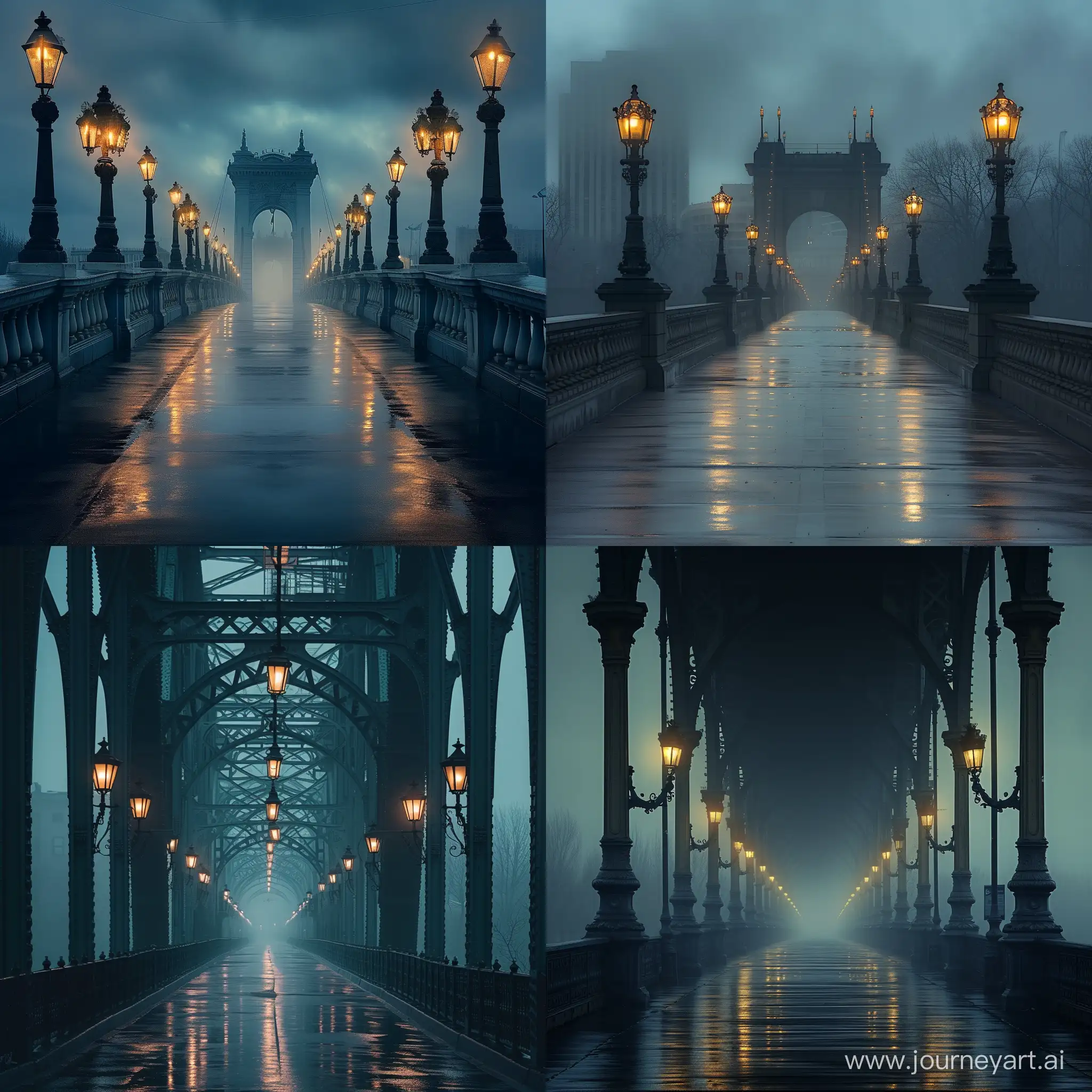 Bridge, in mist, low light with some small street lamps, city, cinematic, hdr, symmetrical, mood, jazzy, wet, perspective, sad, vibrant, stunning, archless --v 6 --ar 1:1 --no 80145