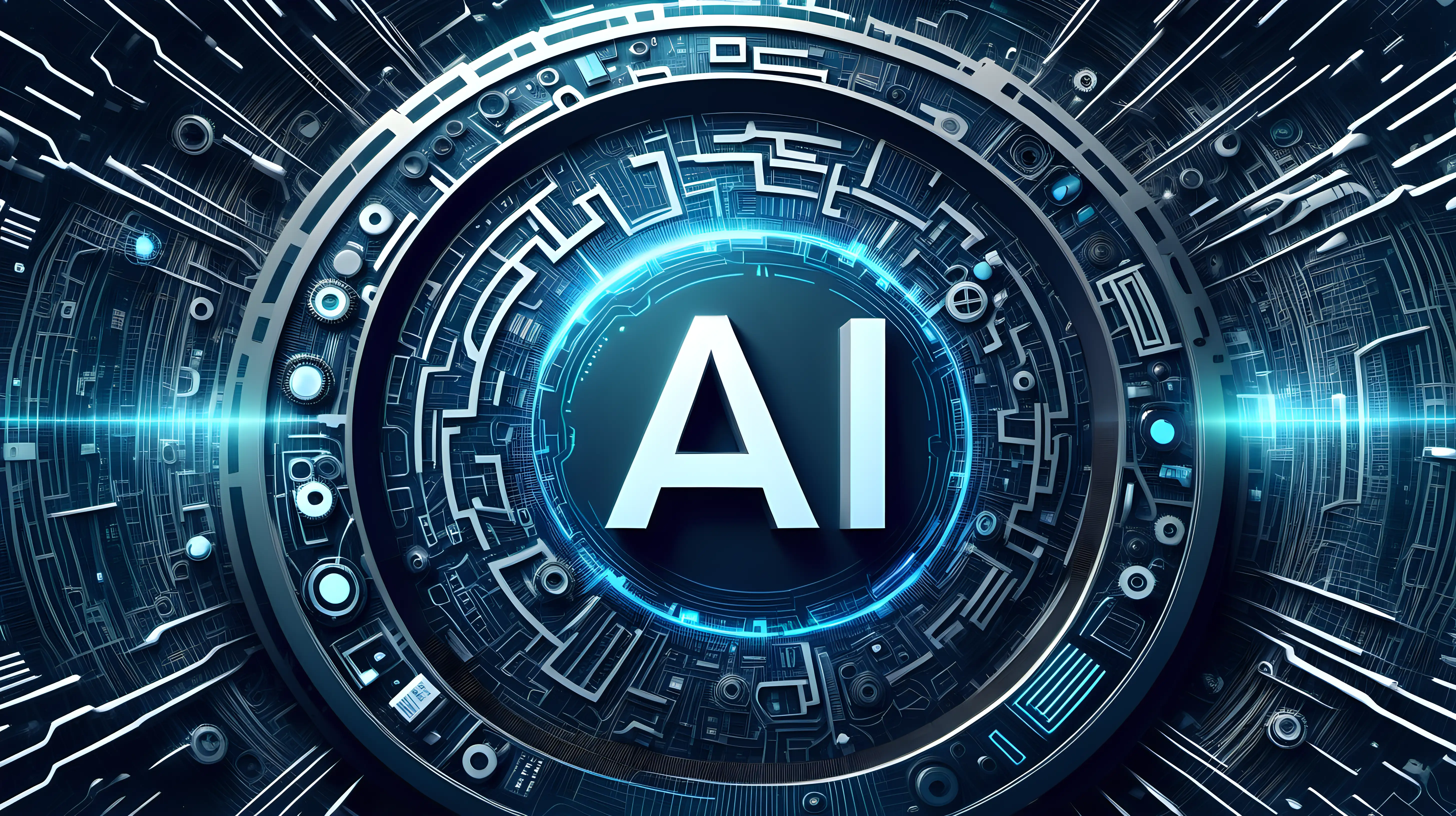 An image that captures the futuristic essence of AI, with the "AI" text prominently displayed in the center, surrounded by abstract technological patterns and digital elements.