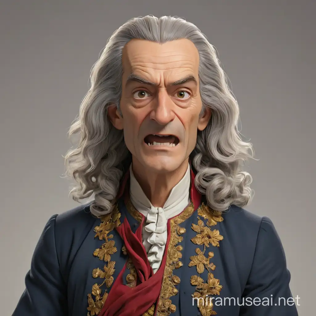 Voltaire, François Marie Arouet. he complains.  without background. realism style, 3d-animation