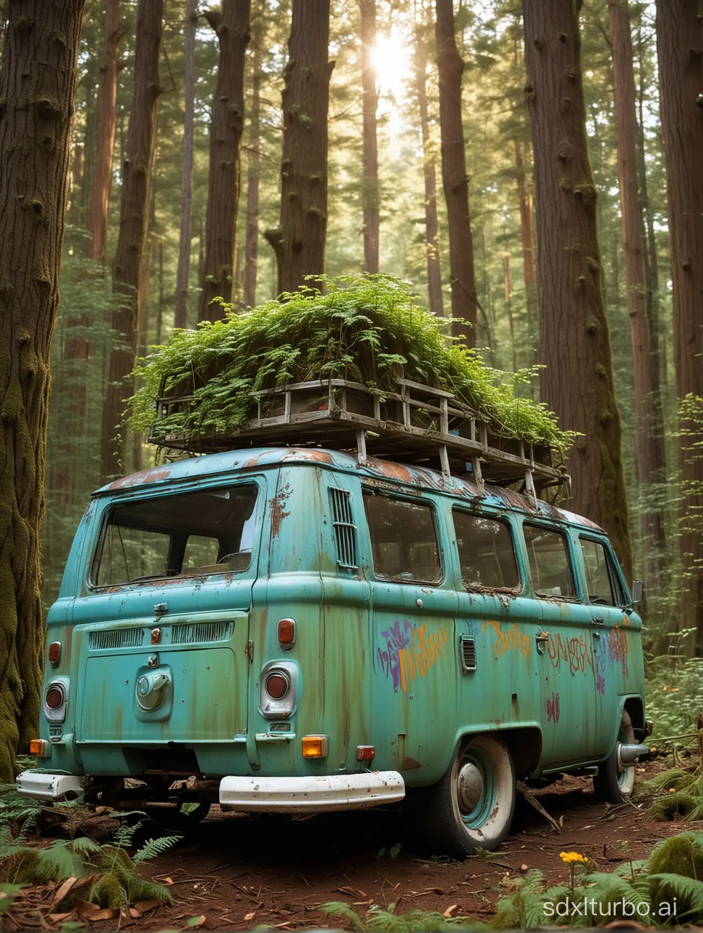 Adam Pankow Realistic image of a rusting the mystery machine van from scooby doo in the woods. The windows are smashed the vines and the forest are reclaiming the van. More shrooms and moss grow all around it. The light from the sun barely comes in through the thick dense canopy of the trees use 24mm focal length. Van should be a pale blue and resemble the van from scooby doo. Should say “mystery machine” on the side should have flowers painted on the side.