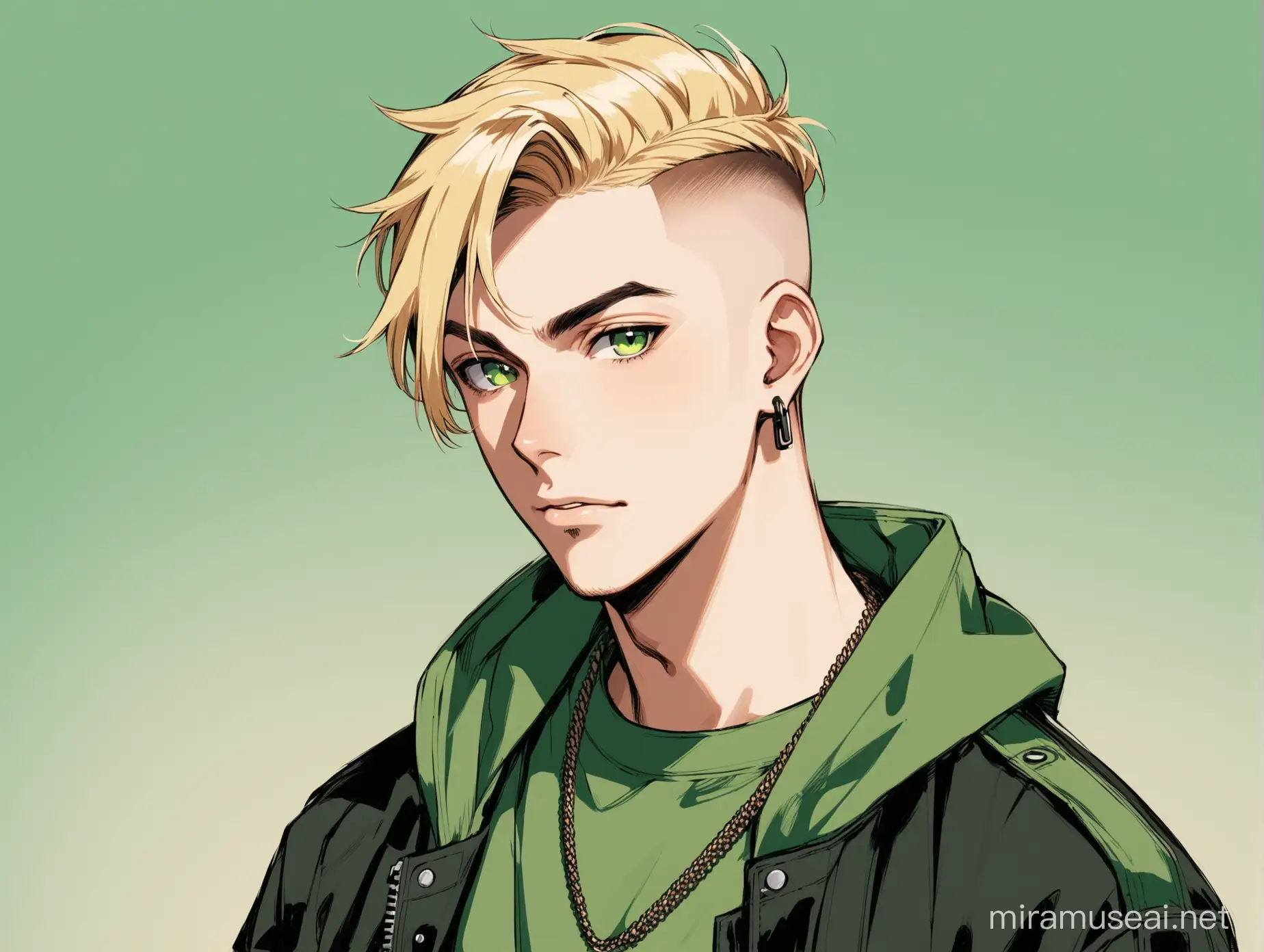 portrait eines blonden Mannes mit Undercut, er hat braun grüne-Augen, er trägt militärisch wirkende streetwear in grün, schwarz und beige