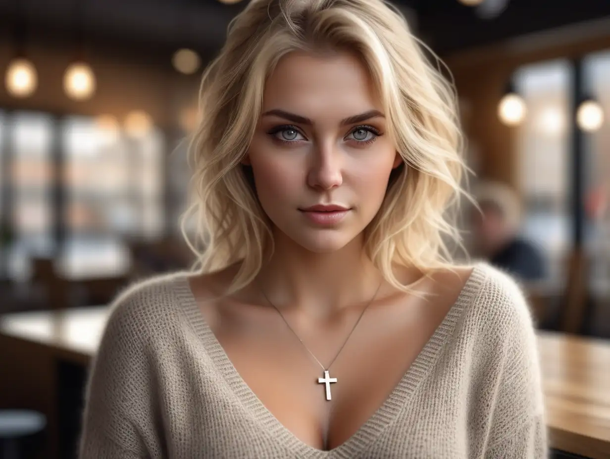 Beautiful Nordic woman, very attractive face, detailed eyes, big breasts, dark eye shadow, messy blonde hair, wearing a v-neck long sleeve sweater,  small cross necklace, close up, bokeh background, soft light on face, rim lighting, facing away from camera, looking back over her shoulder, standing in a coffee shop, photorealistic, very high detail, extra wide photo, full body photo, aerial photo
