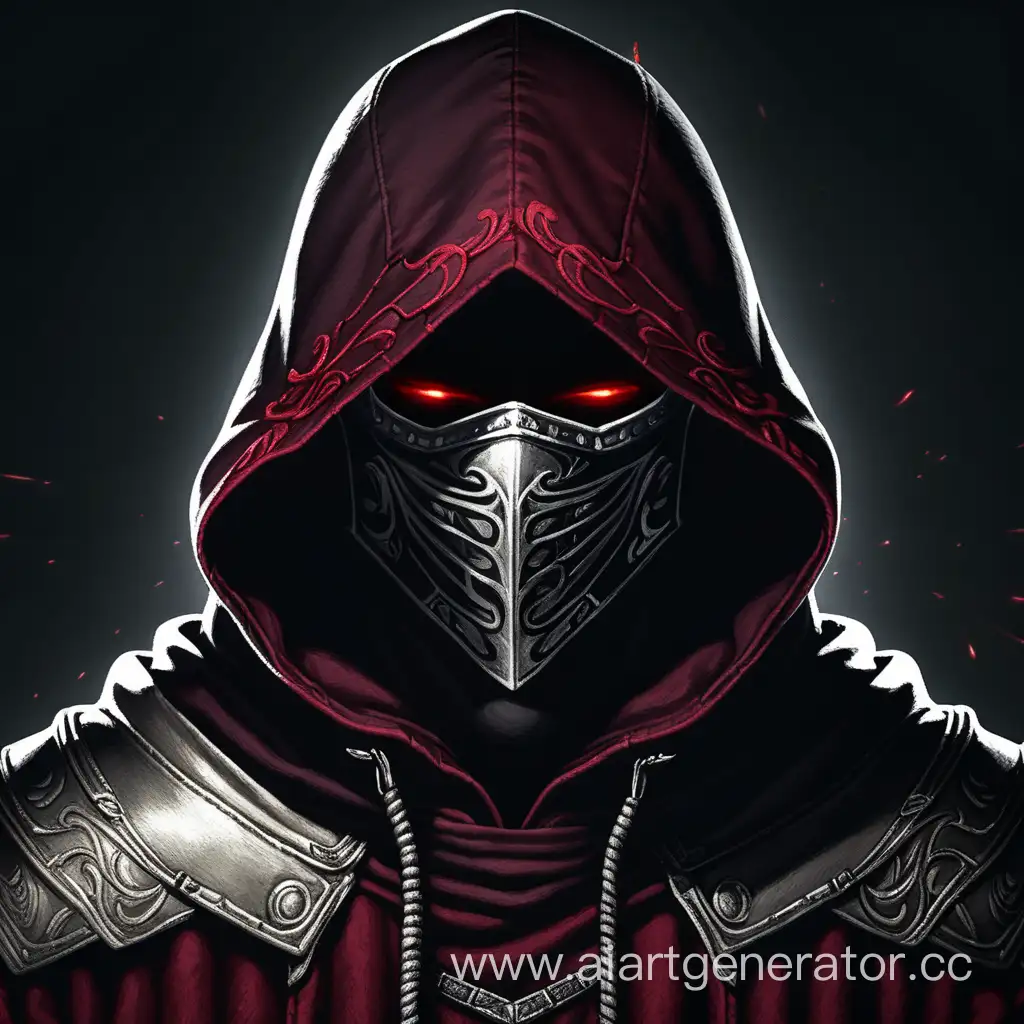  мужчина в капюшоне с маской, с тёмно-серебряной одеждой тёмно-красными лоскутами ткани в середине, с круглой тёмной аурой позади dark souls style 