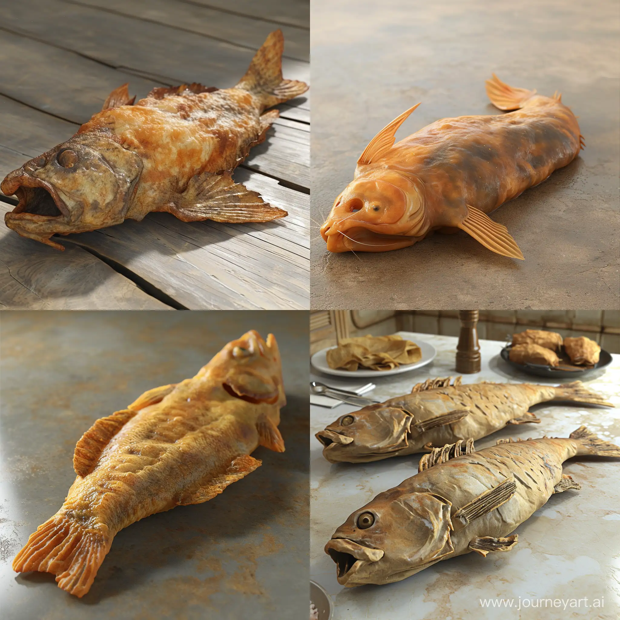 The fried cooked catfish lies on the table. 3D animation 