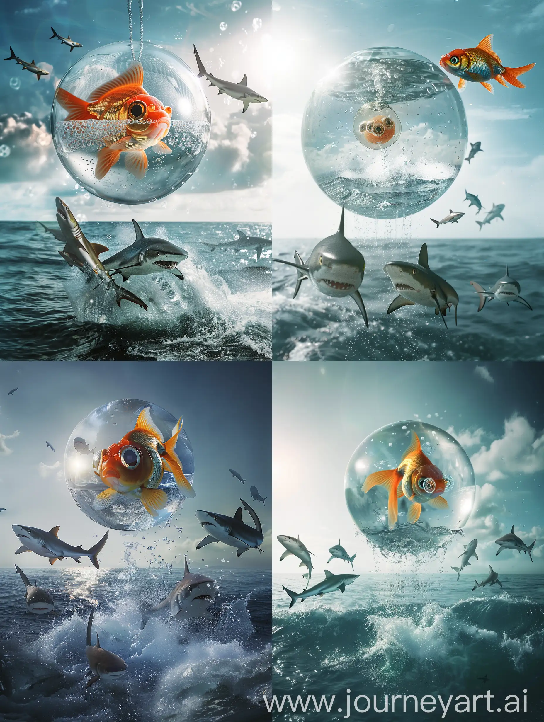 Photo of a scene with stark contrasts at the highest resolution. Centered is a large clear glass sphere, holding a bubble eye goldfish, identifiable by the fluid-filled sacs under its eyes. Suspended high above the ocean, this peaceful setting is contrasted by the sharks jumping out of the water beneath. The scene is brightly lit by the overhead noon sun, drawing attention to the goldfish’s unique look and the sharks’ vigorous leaps.
