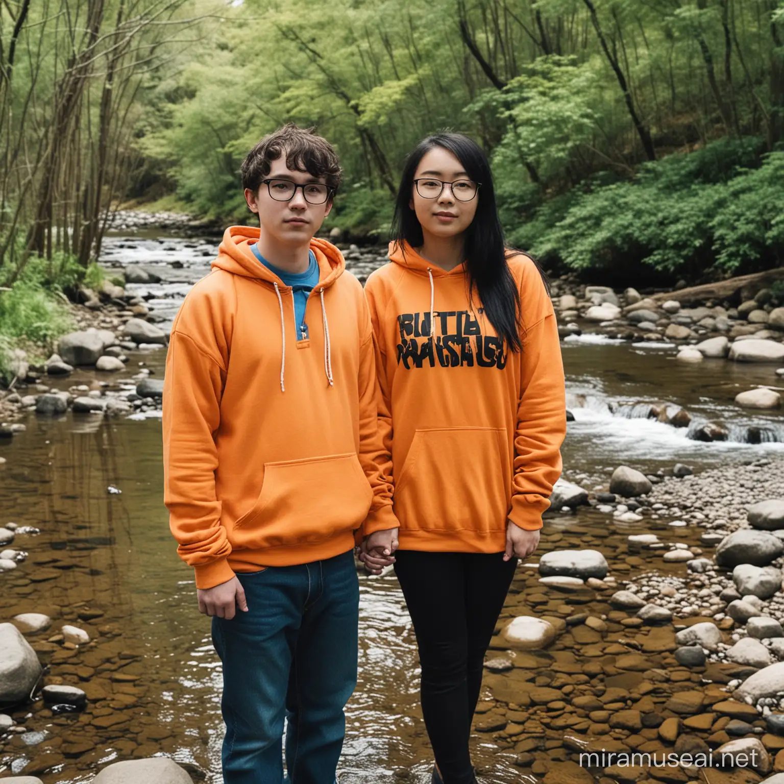 Fat white kid with glasses and orange hoodie holding hands with a skinny beautiful half black half Japanese girl in a blue shirt by a creek
