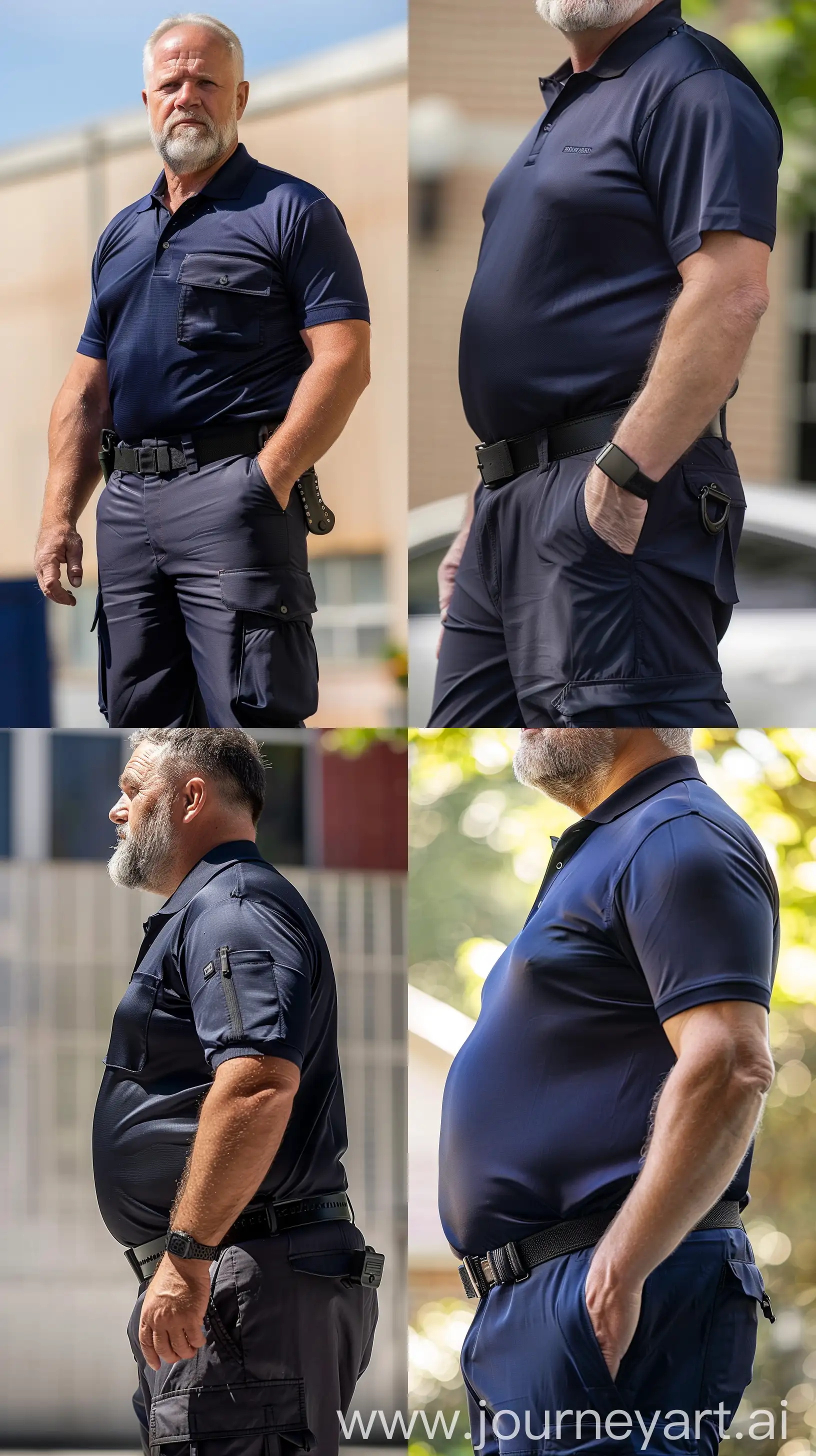 Lateral view close-up photo of a fat man aged 60 wearing silk navy cargo pants. Tucked in silk navy sport polo shirt. Black tactical duty belt. Outside. Natural Light --style raw --ar 9:16