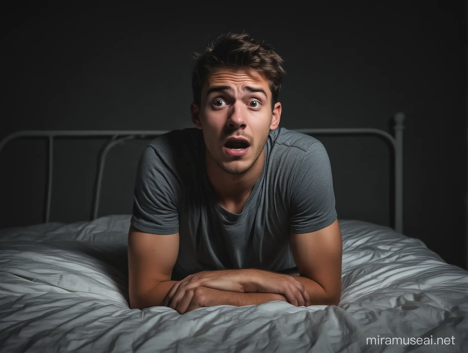 Un hombre joven adulto asustado en en su cama de una habitación oscura en la noche 