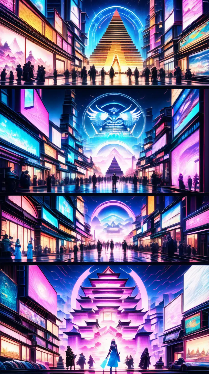Generate an AI-generated image for a comic book storyboard backdrop that seamlessly merges the futuristic aesthetics of Egypt and Japan. Envision a dynamic cityscape that fuses the iconic elements of both cultures, featuring towering pyramids with holographic displays alongside sleek, neon-lit skyscrapers adorned with Japanese architectural motifs.  Begin with a sweeping establishing shot that captures the grandeur of this hybrid metropolis. Incorporate futuristic vehicles inspired by both cultures, weaving through bustling streets that blend ancient Egyptian and futuristic Japanese marketplaces. Emphasize the contrast between traditional elements such as hieroglyphic-inspired holograms and cherry blossom-lined avenues.  Introduce key landmarks that showcase the fusion of Egyptian and Japanese influences—perhaps a colossal cyberpunk sphinx or a digital pagoda rising against the backdrop of a digital sunset. Experiment with the use of advanced technology seamlessly integrated with ancient aesthetics, such as holographic samurai warriors guarding a virtual Pharaoh's palace.  Consider the lighting and color palette to evoke the atmosphere of a metropolis where the past and future coexist. Infuse the image with a sense of narrative anticipation, leaving room for viewers to imagine the unique stories that unfold in this futuristic Egypt-meets-Japan city. Strive for a visually stunning and harmonious blend of cultural elements that sparks intrigue and captivates the imagination