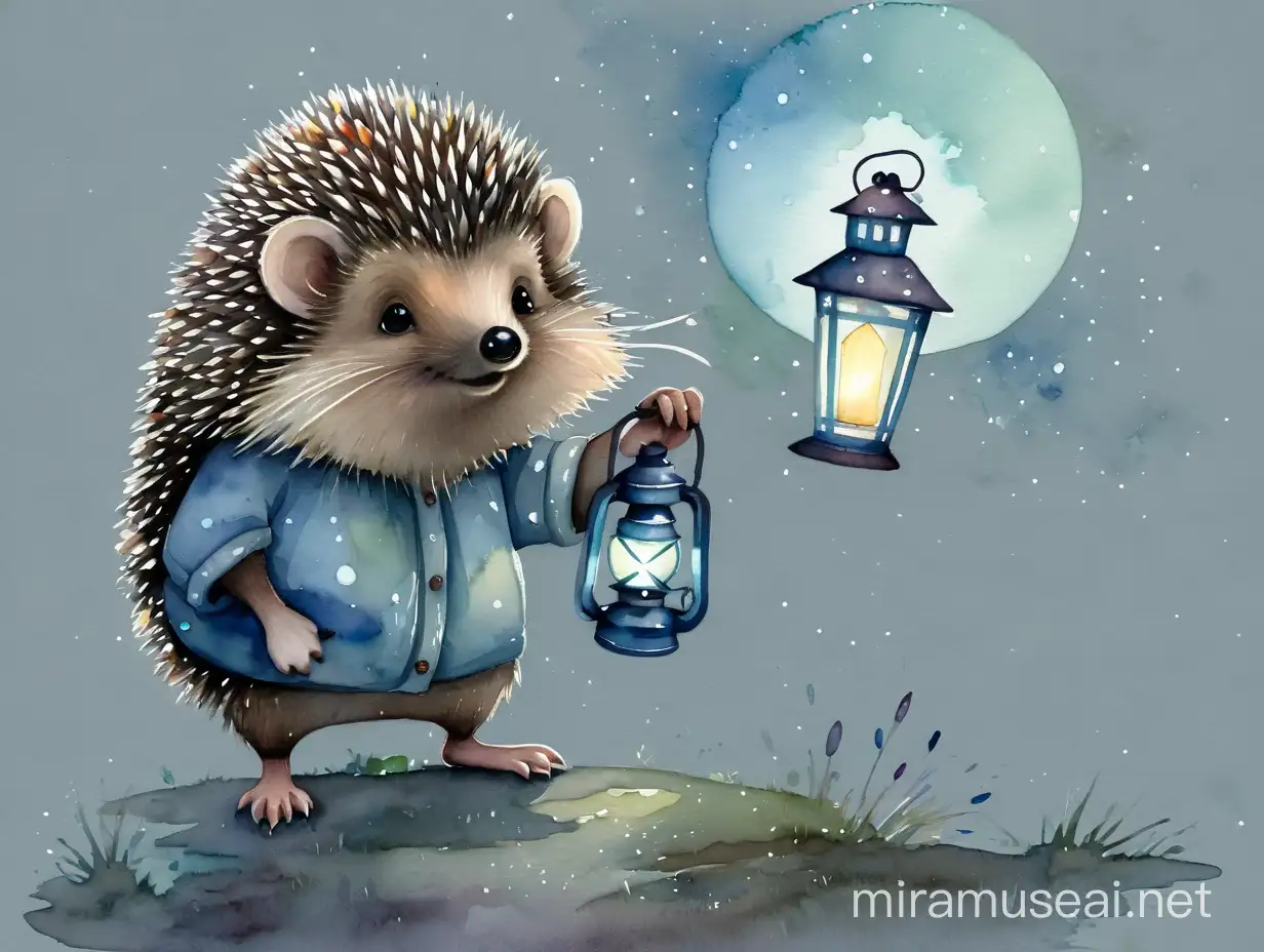 Adorable Hedgehog Holding Lantern in Watercolor Style