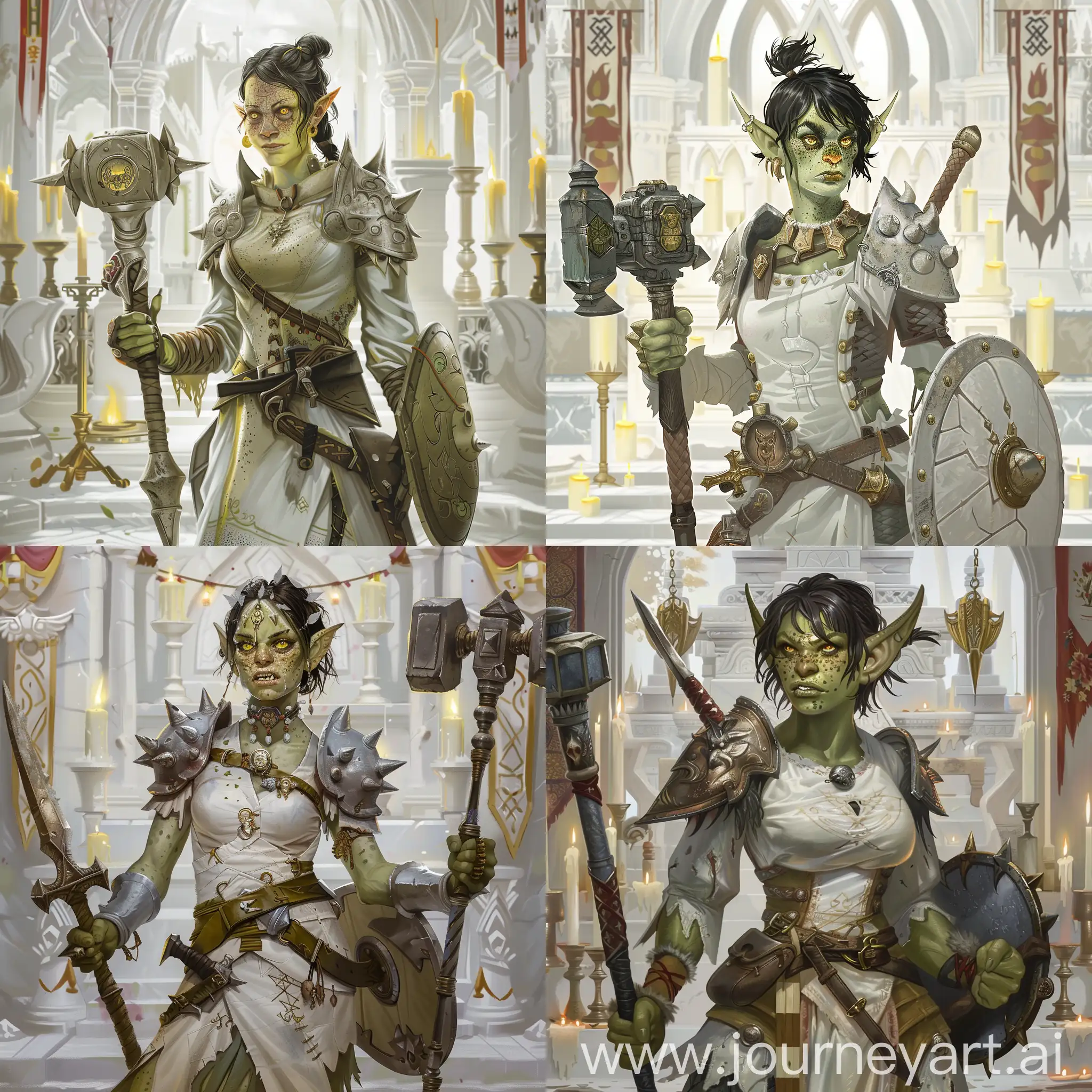 Female-Orc-Priest-with-Mace-and-Shield-in-Medieval-Setting