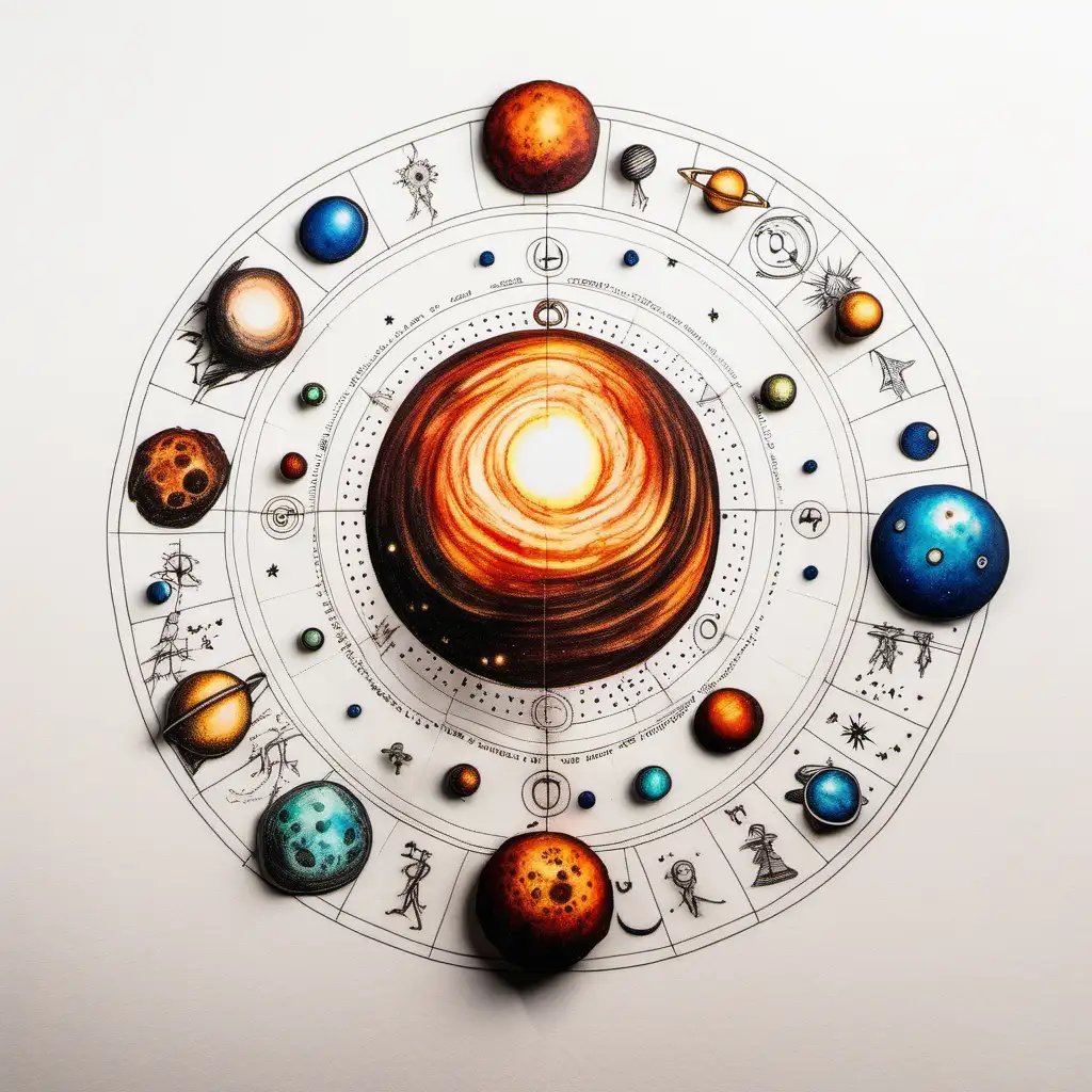 Front View Astrology Burnt Planet Drawings in Vivid Colors on White Paper