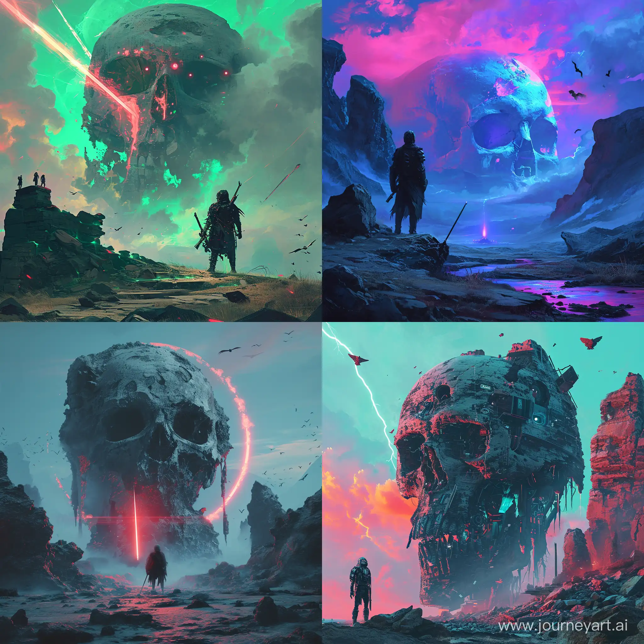 hologram, ::2. A warrior stands in a desolate land with a giant skull looming above them. The warrior is equipped with a sword and shield, there is a skull with glowing eyes in the background. The scene is set at dusk, there are crows flying around, Hologram, высокое разрешение, высокая чёткость, чёткое изображение, микро детализация, высокая детализация, ультра реализация, максимальная детализация, много деталей, глубокие детали, детальное изображение, четкие линии. --v 6