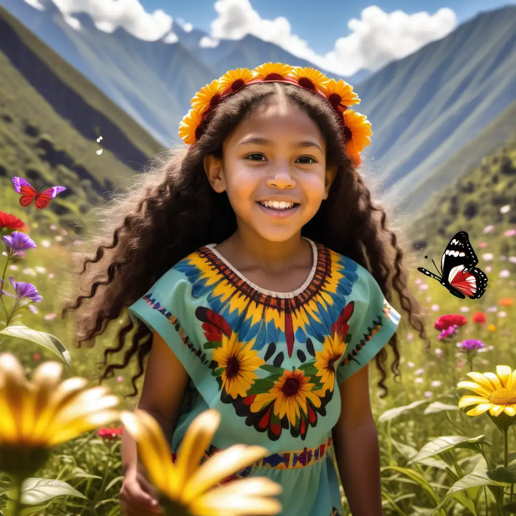 Diverse Girl Delighting in Andean Butterfly Meadow