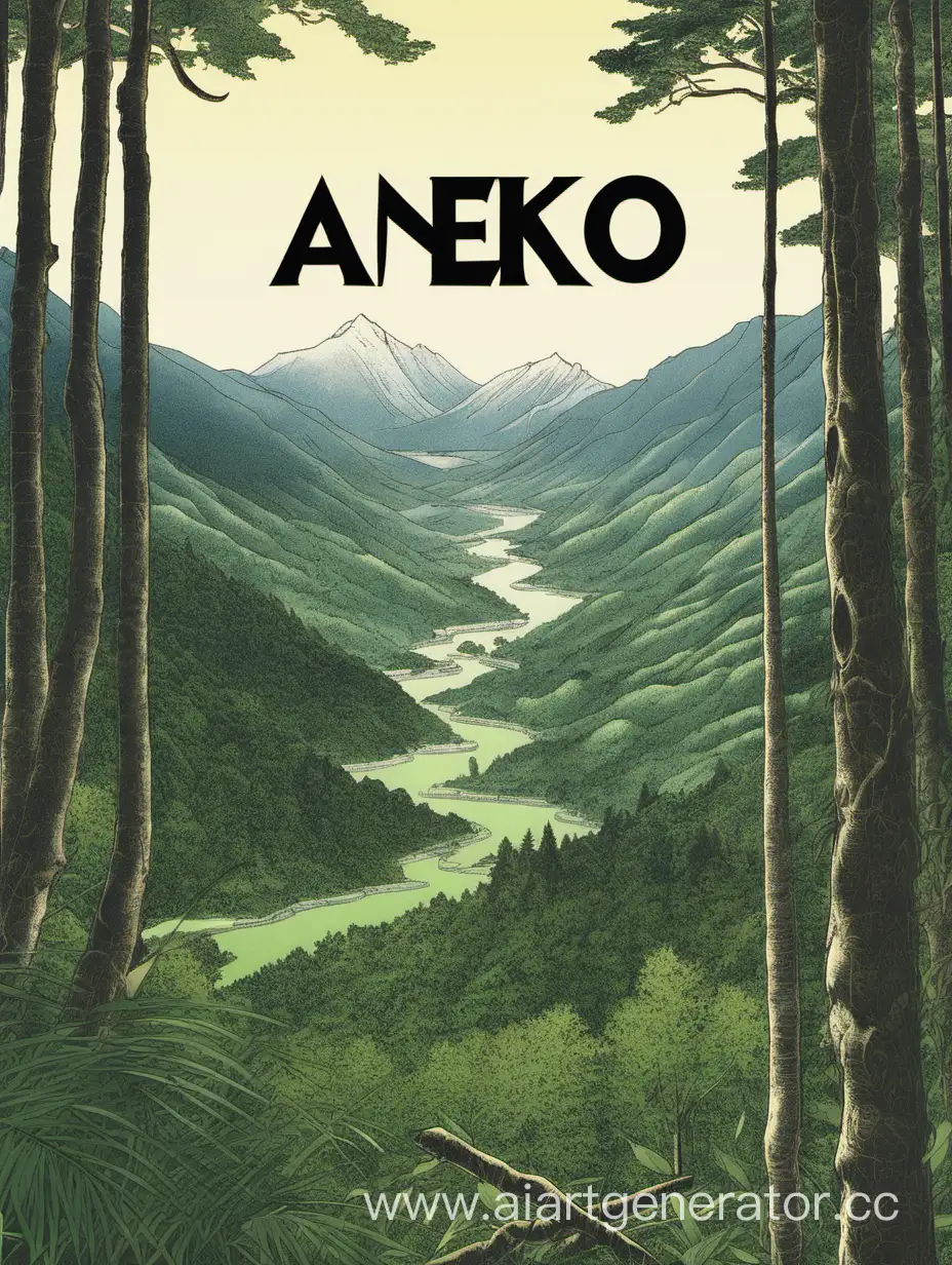 пейзаж леса и гор, на фоне написано "Aneko"