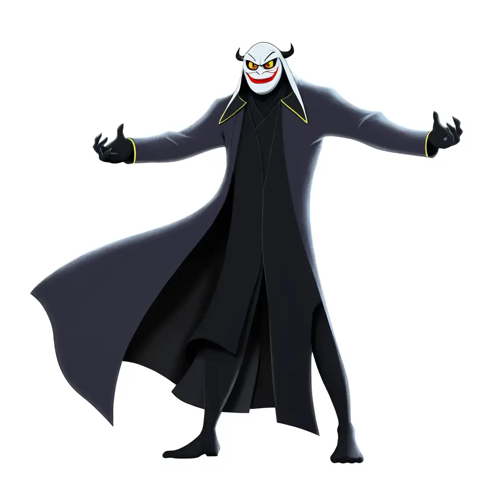 Yokai from Disney. Yokai is the villain from disney big hero. colored illustration with a black outline. Yokai is wearing a white mask with red markings and yellow eyes. Yokai also wears a black coat.