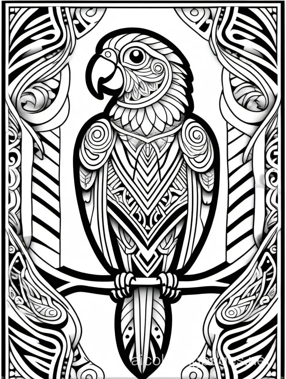 Polynesian/maori mixed tattoo parrot, Coloring Page, black and white, line art, white background, Simplicity, Ample White Space. The background of the coloring page is plain white to make it easy for young children to color within the lines. The outlines of all the subjects are easy to distinguish, making it simple for kids to color without too much difficulty