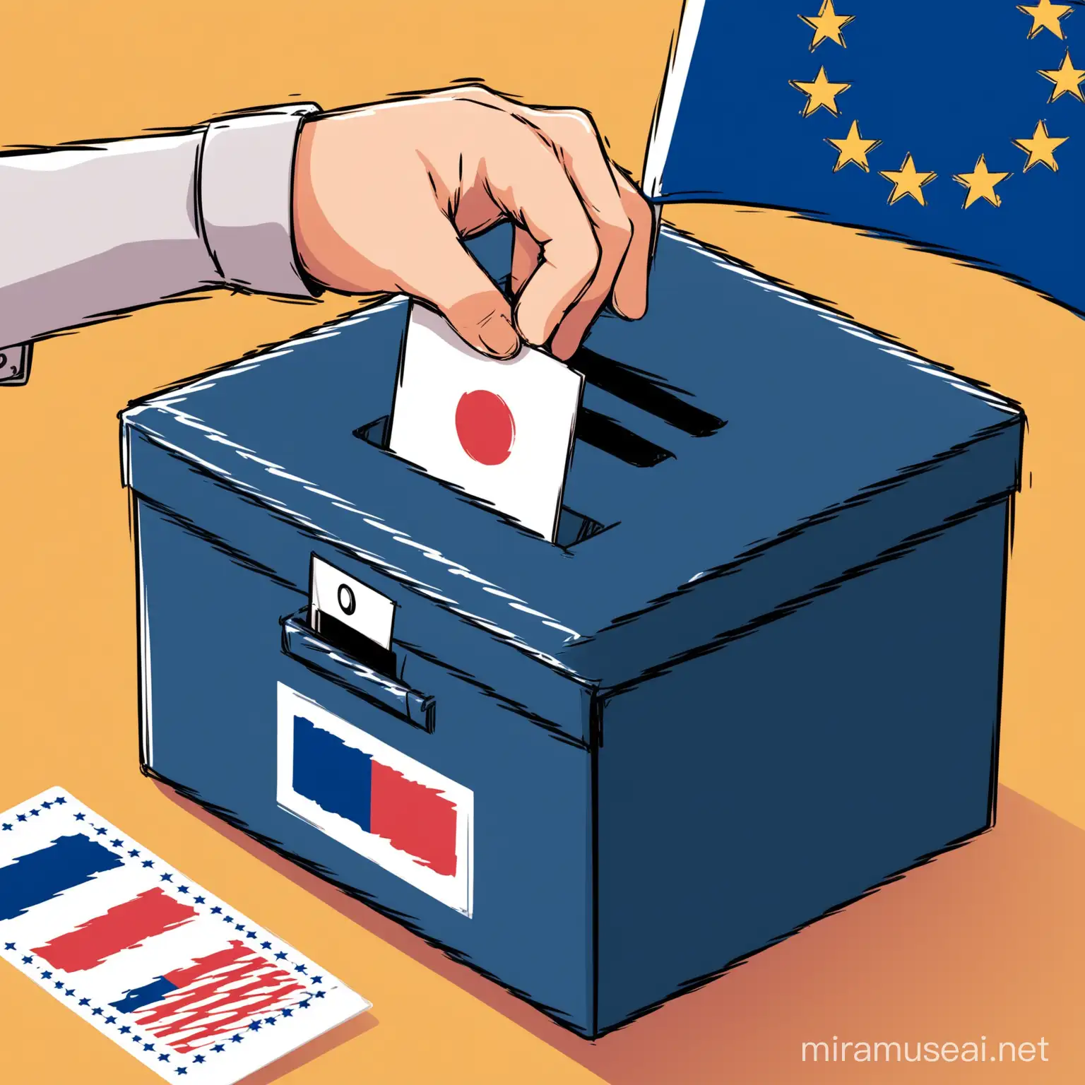 a person putting a voting card into an election box with european flag illustration style