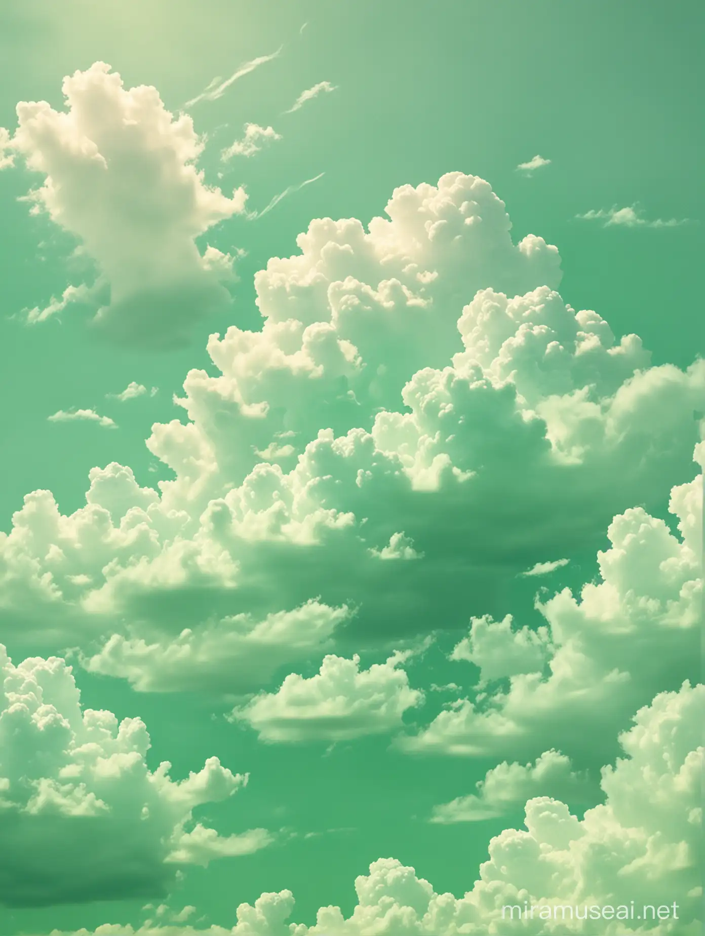Surreal Pastel Green Landscape with Ethereal Clouds