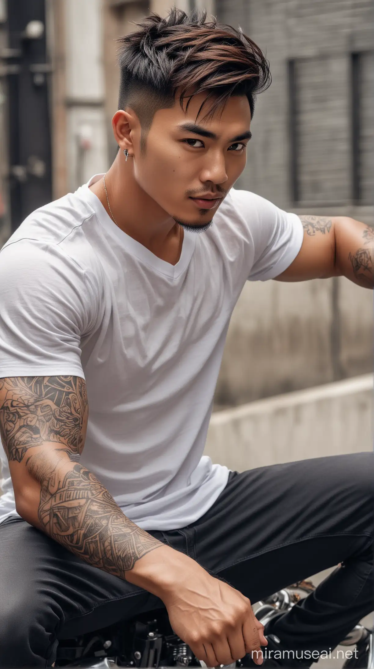 realistic photo of an asian young handsome muscular man, fringe up stylish hair. tatto, with a typikal
Indonesian fave wearing (wearing white lithe a V-neck t-shirt which has dark color also on t-shirt. t-shirt have reverse color differences, white sketch shoes. Sitting on the Ninja sport motorcicle black pointing cool posing at the camera. Jakarta city street background