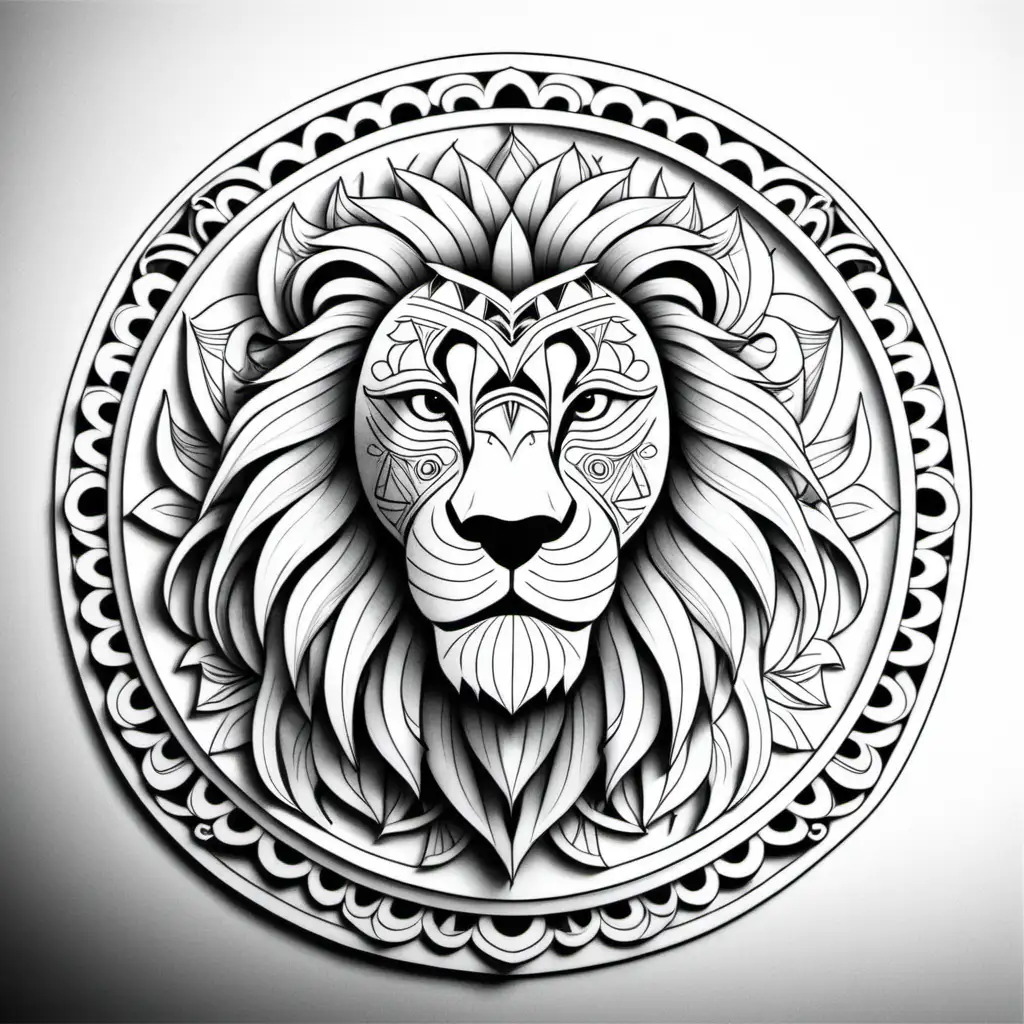 a mandala with a lion for coloring black and white