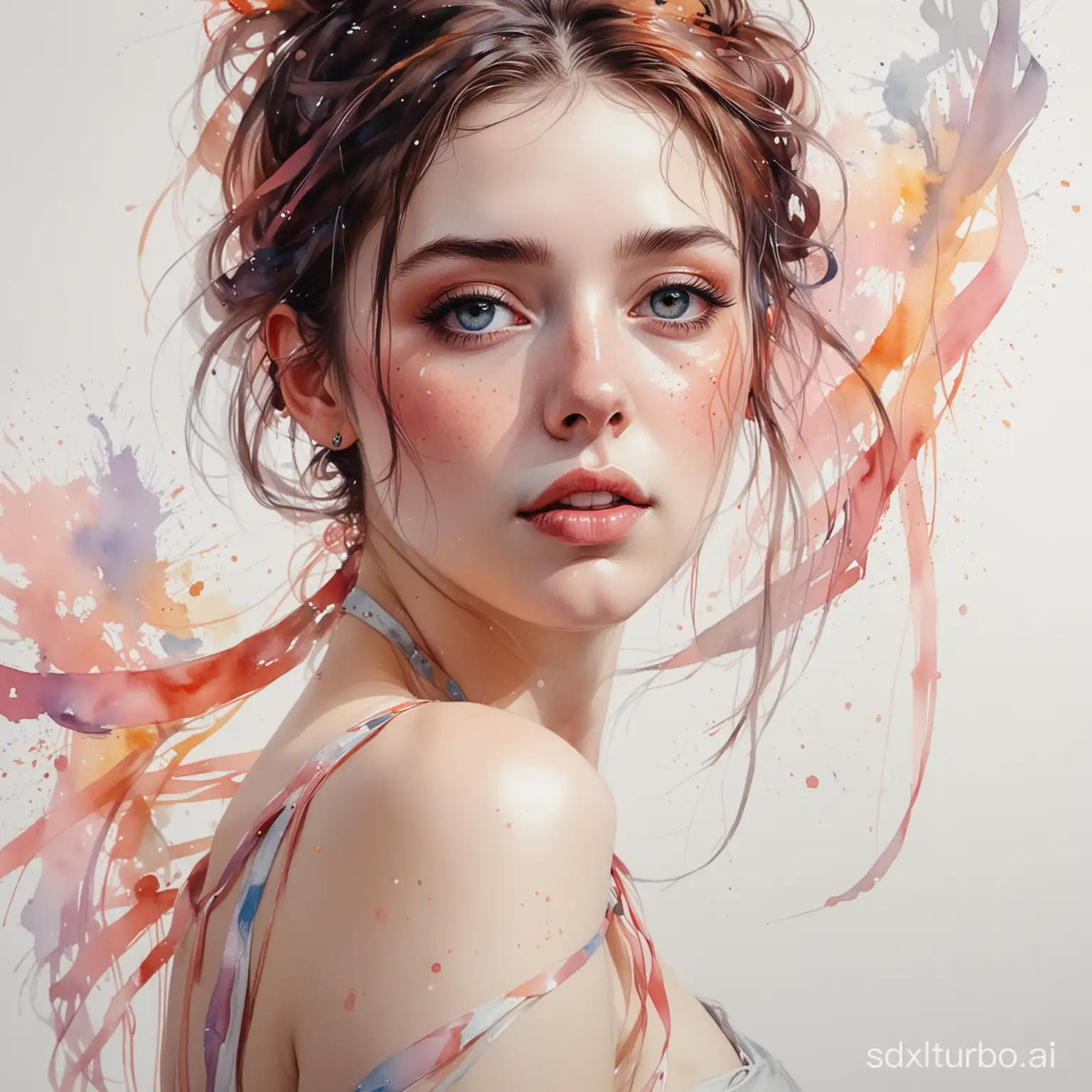 (8k, best quality, masterpiece:1.2),(best quality:1.0), (ultra highres:1.0), watercolor, a beautiful woman, shoulder, hair ribbons, by Agnes Cecile, half body portrait, extremely luminous bright design, pastel colors, (ink:1.3), autumn lights