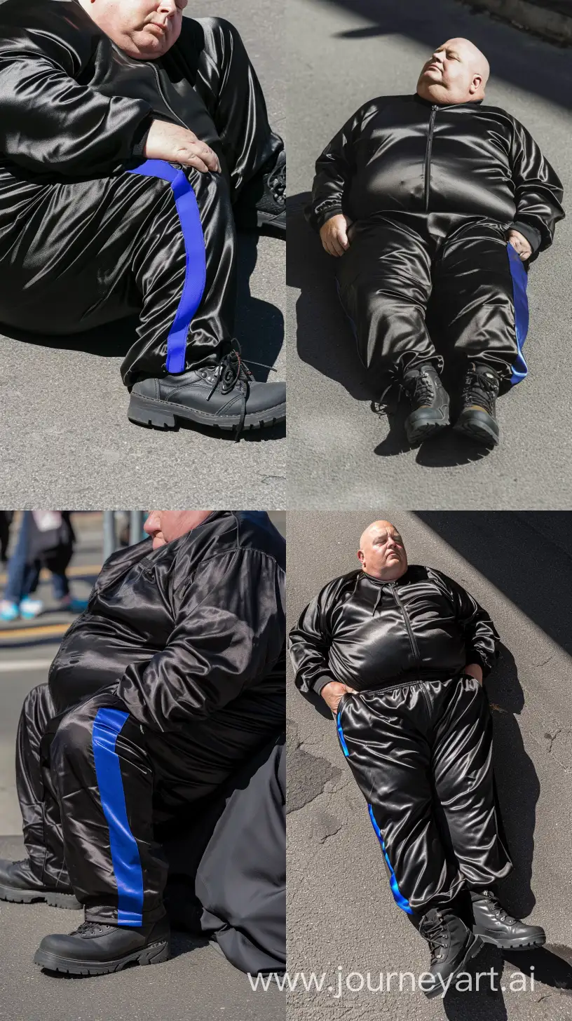 Fashion close-up photo centered on the of a chubby man aged 70 wearing a silky black tracksuit. There is a royal blue vertical stripe only on the side of the pants. Black Hiking Boots. His is lying and sleeping in the street. Direct Sunlight. Bald. Clean Shaven. Outside. --style raw --ar 9:16 --v 6