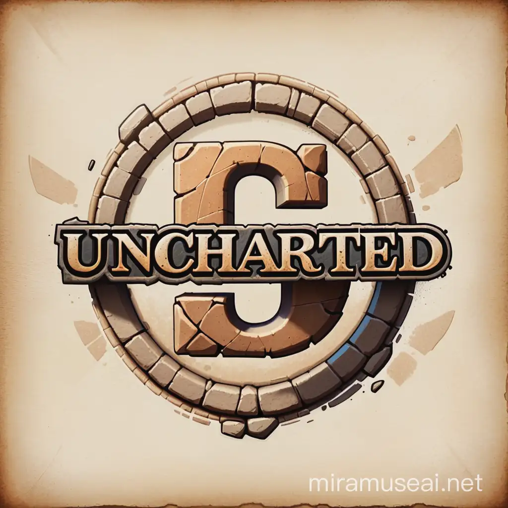Game branding logo with no background, logo name: "UnCharted", letters made of stone and worn edging