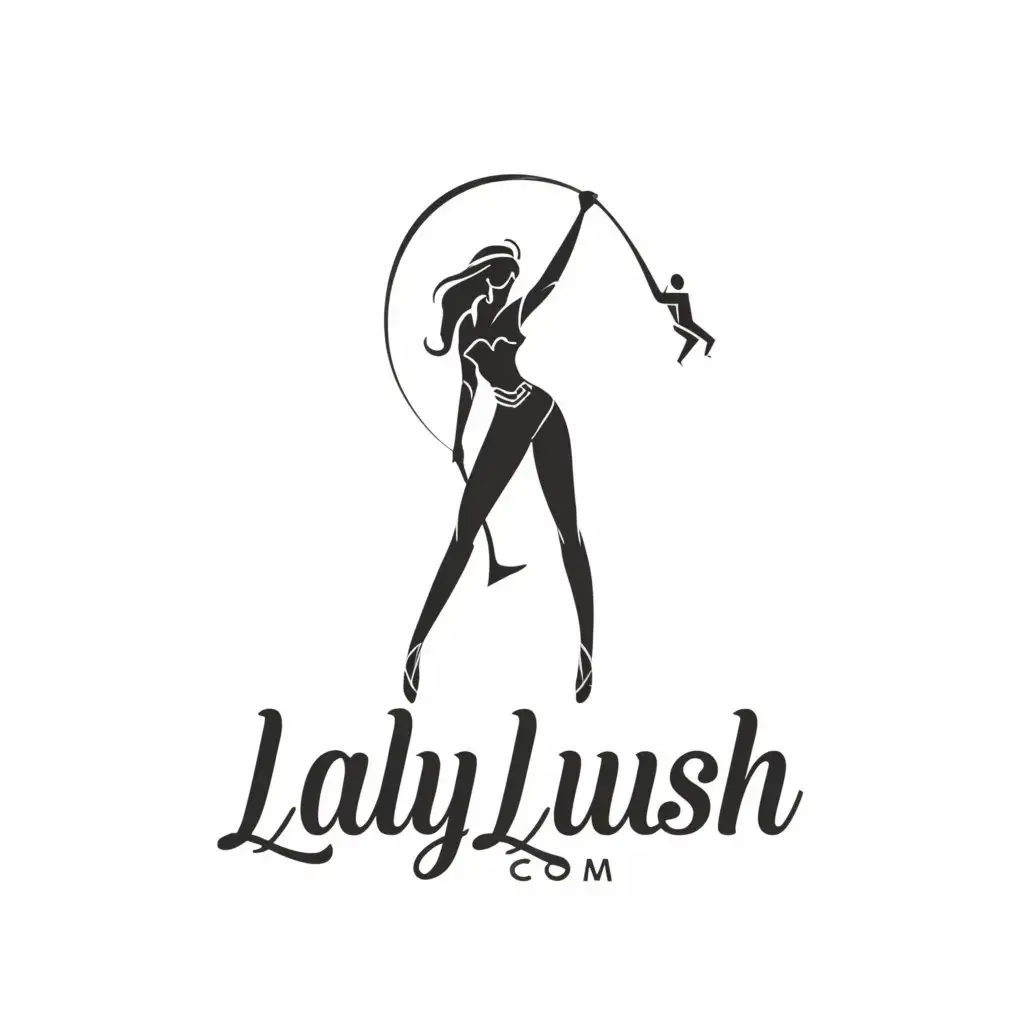 a logo design,with the text "LadyLush.com", main symbol:tall girl with whip and heel on tiny man's head,Moderate,be used in Entertainment industry,clear background