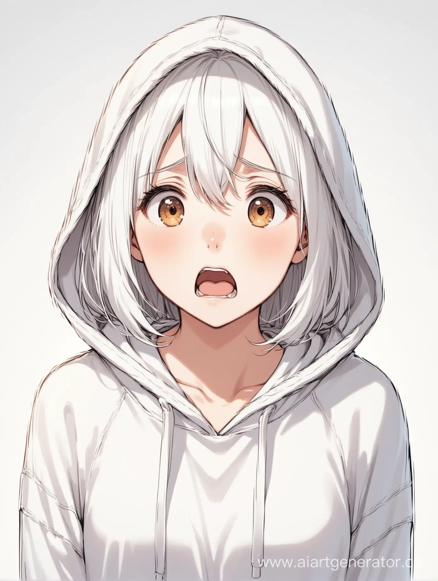 a tired white-haired girl in a white hoodie, she is surprised, white background