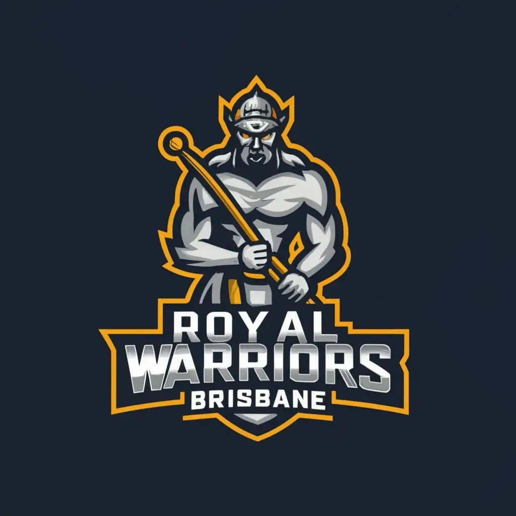 a logo design,with the text "ROYAL WARRIORS BRISBANE", main symbol:The logo features a powerful warrior figure, reminiscent of ancient warriors, standing tall and strong, with one foot forward in a confident stance. The warrior is depicted in dynamic motion, pulling on a thick rope, representing the tug of war competition. The warrior's facial expression is determined and focused, reflecting the team's spirit and determination to win.

This logo captures the essence of the Royal Warriors Brisbane tug of war team, portraying them as formidable competitors who embody the virtues of courage, resilience, and unity.,Moderate,clear background