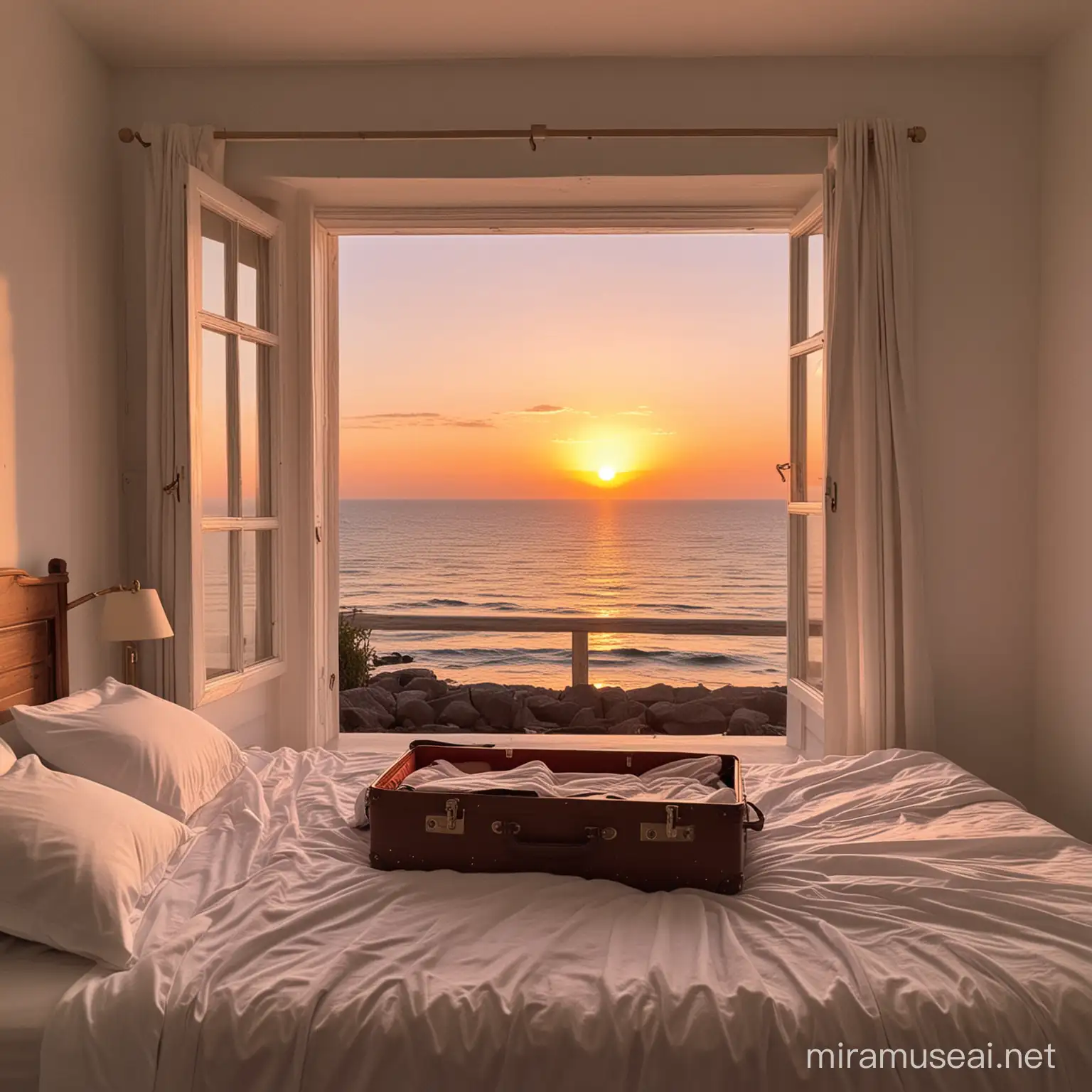 Young Man Unpacking Suitcase by Sunset Sea View Window