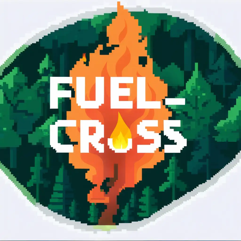 Keep the background of pixelized forest image with various scales of green shapes and the flame above it. Add on top of them  the word FUELCROSS in two lines without hyphen i.e. - between and a vertical border . In one line FUEL and below CROSS with a small orange flame coming out of the O in CROSS