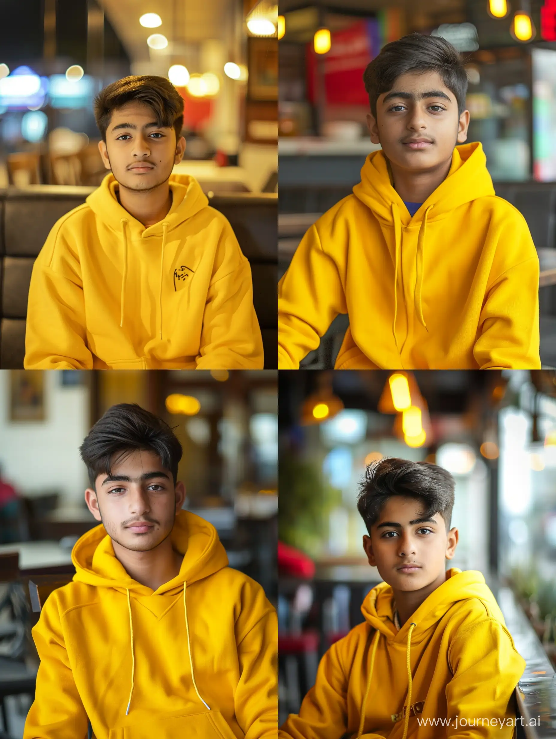 A handsome Pakistani 20 year's boy sitting in Lahore restaurant wearing yellow hoodie 