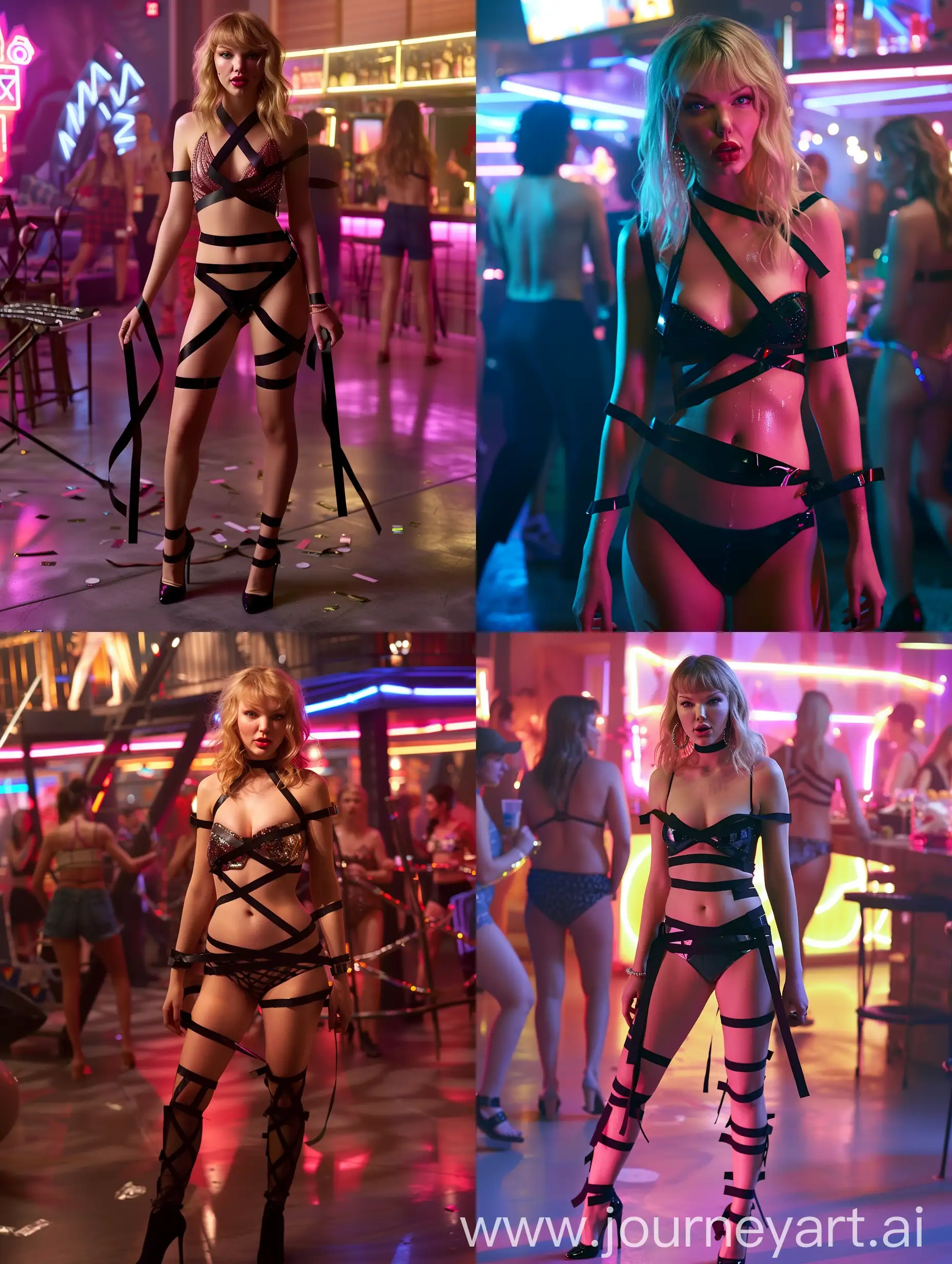 movie still, busy penthouse party in background, Taylor Swift wearing strips of black sticky tape, black high heels, neon lights, blond hair, pink lipstick, fit abdomen