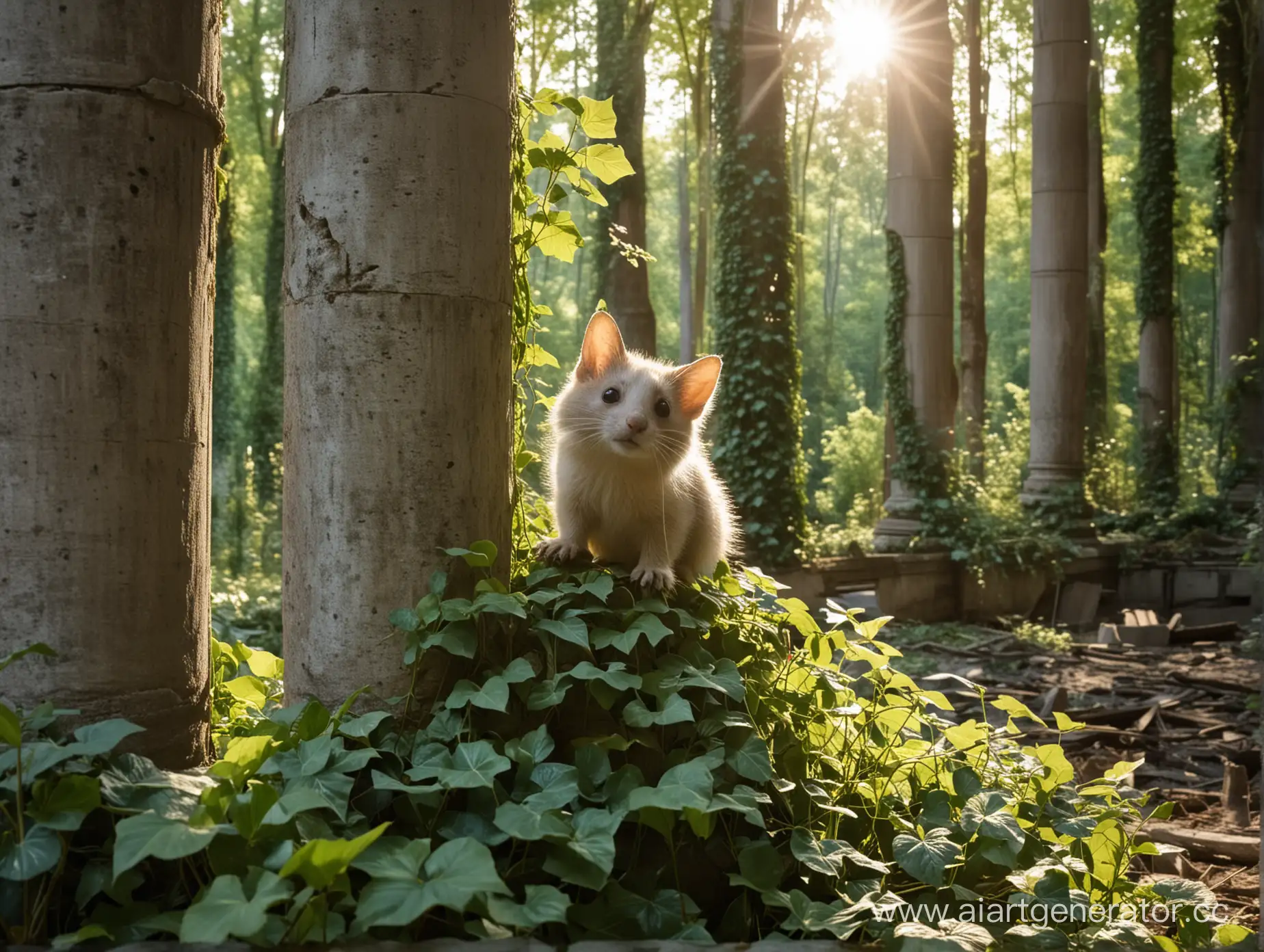 необычное милое существо выглядывает из-за полуразрушенных колонн, вокруг лес, колонны обвиты плющом, видны лучи солнца 