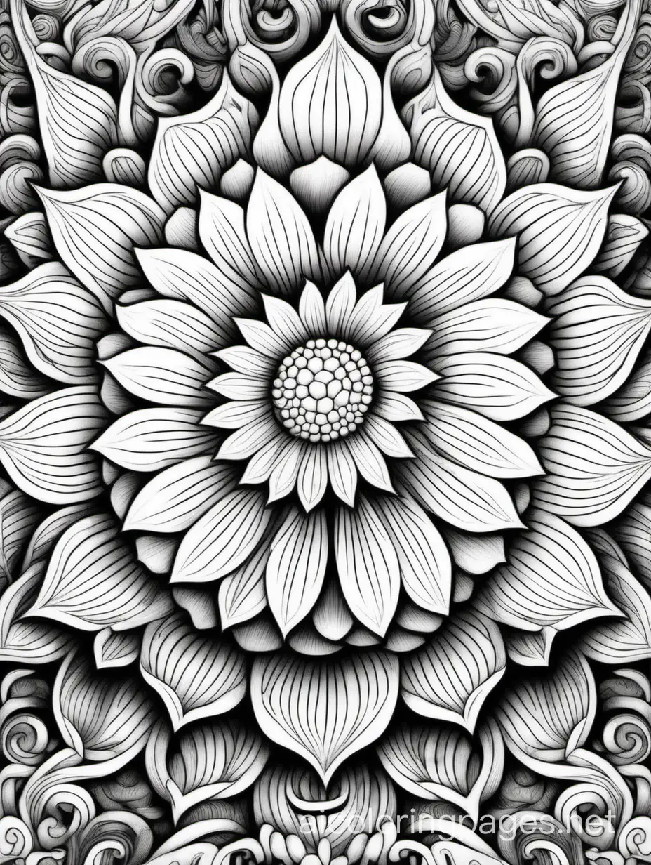 Flower in the style of Boris Indrikoff trending on Art station  extremely detailed  fantasy  oil on canvas  beautiful  high detail  crisp quality, Coloring Page, black and white, line art, white background, Simplicity, Ample White Space. The background of the coloring page is plain white to make it easy for young children to color within the lines. The outlines of all the subjects are easy to distinguish, making it simple for kids to color without too much difficulty