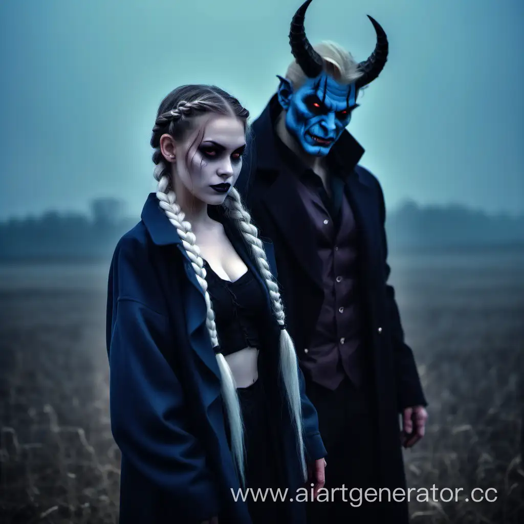 Демон-девушка с двумя косами(блондинка) и демон-мужчина, в пальто, на фоне туманного поля, сумерки.
