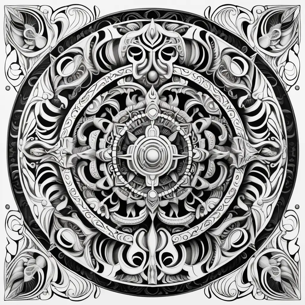 Craft a captivating abstract mandala design suitable for coloring. Begin by centering the design around a motif of a raging viking based on style of H.R Giger intricate and symmetrically arranged tentacle and vine elements to form a balanced and engaging mandala pattern. Focus on creating clean and clear outlines that allow for easy coloring. Incorporate various objects, such as skulls or eyeballs to add diversity and visual interest. Ensure the design provides ample space for creativity and coloring intricacies. Aim for a harmonious blend of abstract elements, creating an engaging and relaxing coloring experience for enthusiasts.